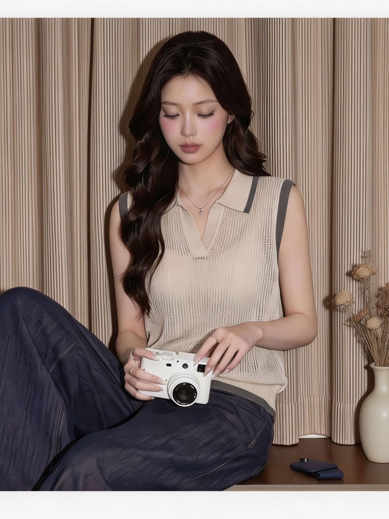 배색 테두리 거친 구덩이 니트 조끼 여성 여름 v 종류 반 개방 polo 폴로 칼라 루즈핏 민소매 통기성 외부 가져 가라. 베스트 상세 이미지 4