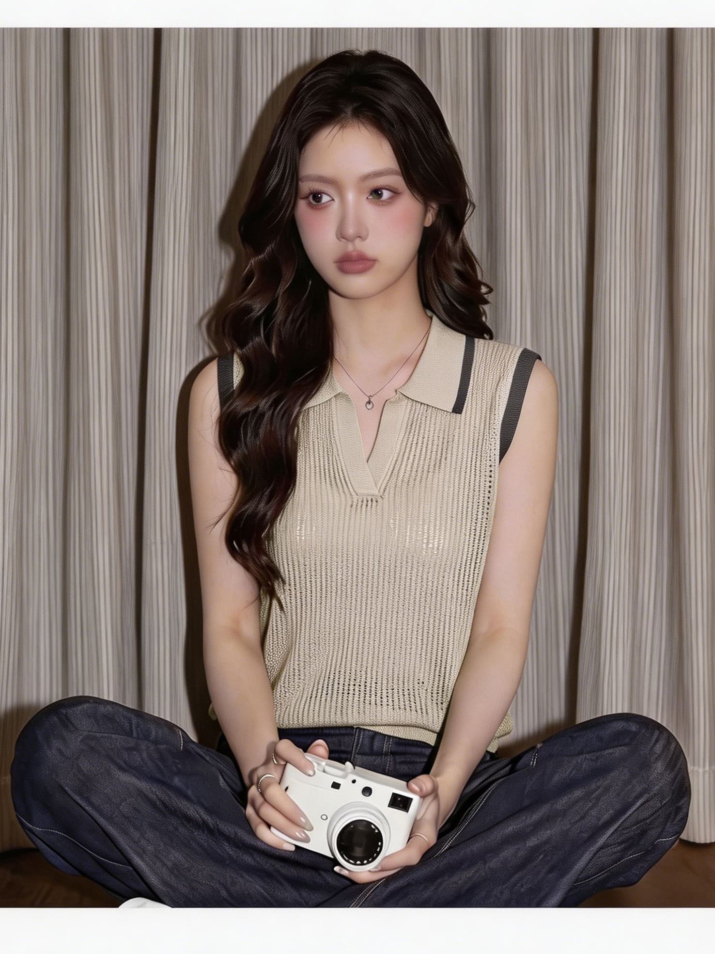 배색 테두리 거친 구덩이 니트 조끼 여성 여름 v 종류 반 개방 polo 폴로 칼라 루즈핏 민소매 통기성 외부 가져 가라. 베스트 상세 이미지 5