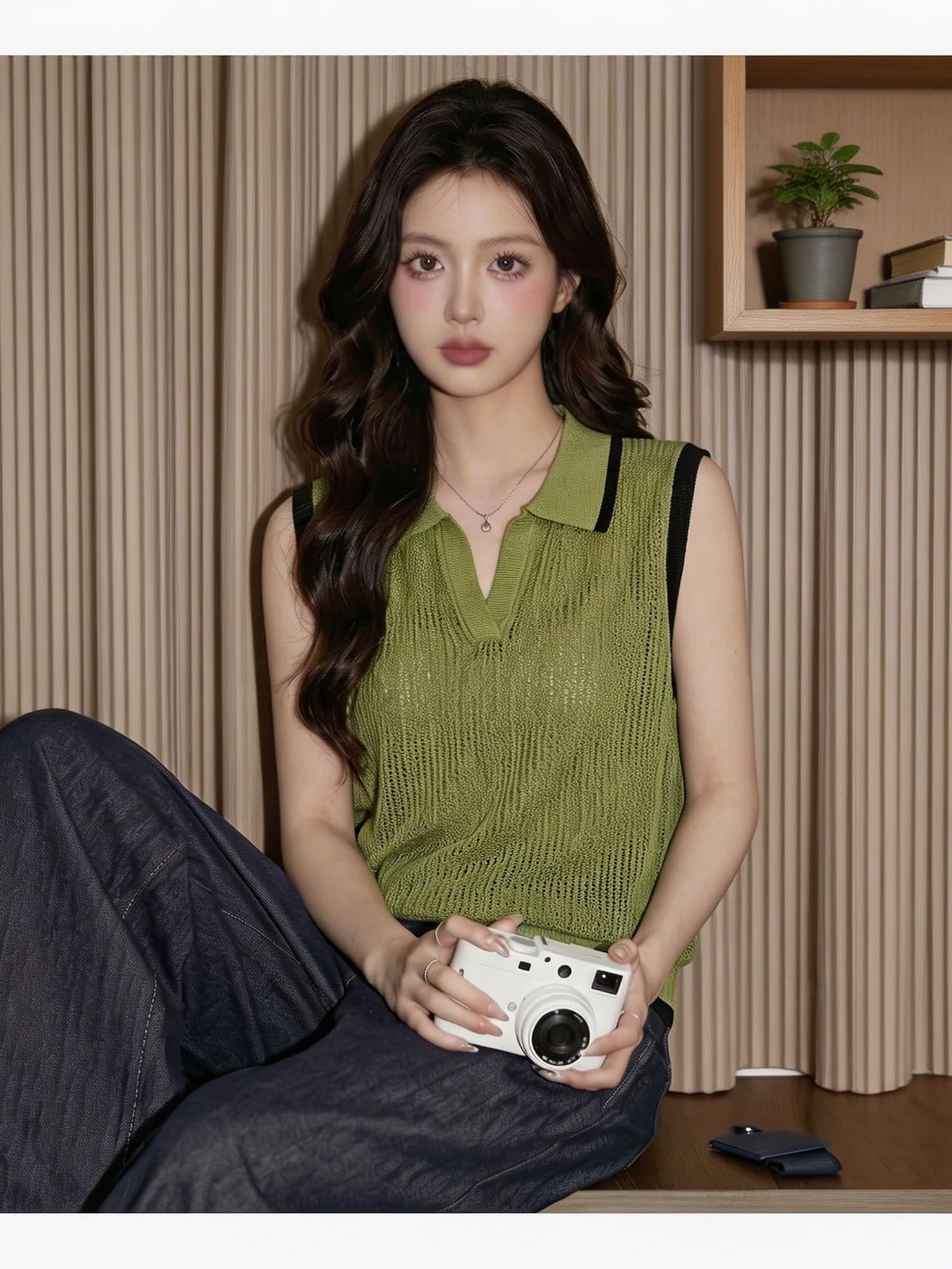 배색 테두리 거친 구덩이 니트 조끼 여성 여름 v 종류 반 개방 polo 폴로 칼라 루즈핏 민소매 통기성 외부 가져 가라. 베스트 상세 이미지 6