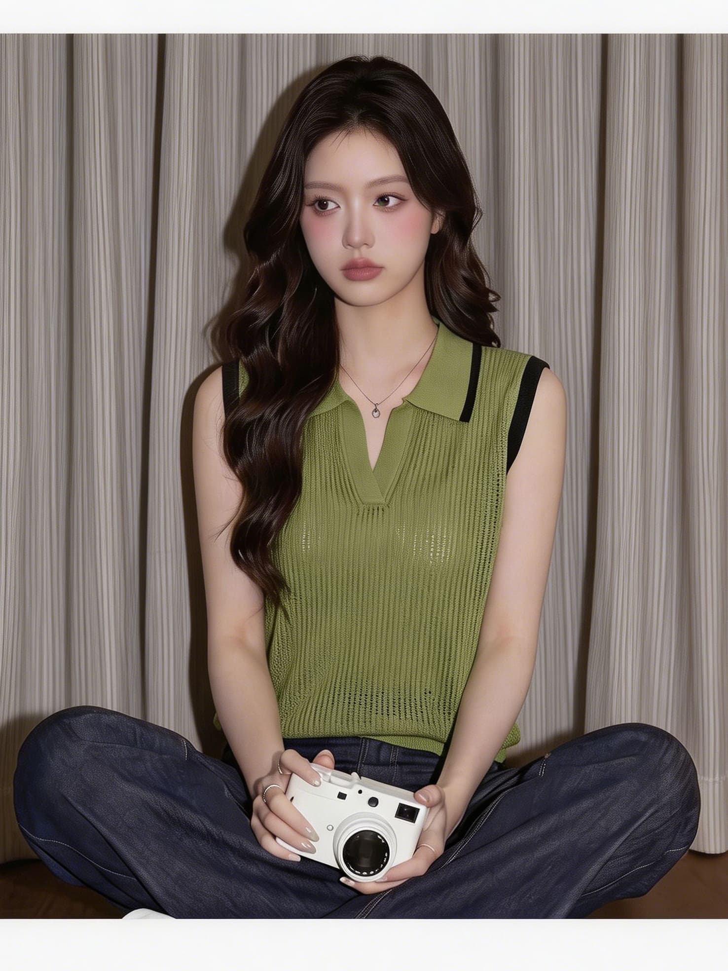 배색 테두리 거친 구덩이 니트 조끼 여성 여름 v 종류 반 개방 polo 폴로 칼라 루즈핏 민소매 통기성 외부 가져 가라. 베스트 상세 이미지 9