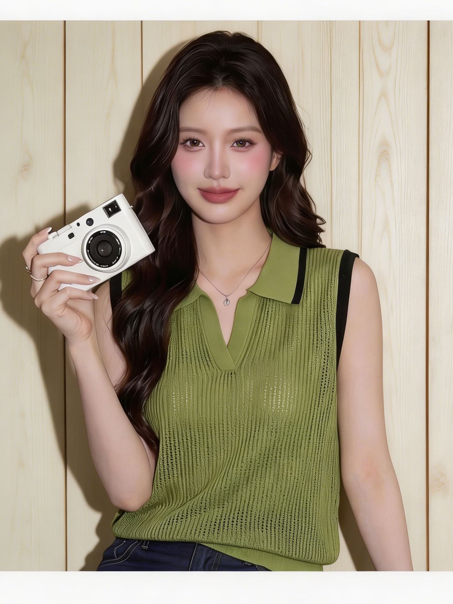 배색 테두리 거친 구덩이 니트 조끼 여성 여름 v 종류 반 개방 polo 폴로 칼라 루즈핏 민소매 통기성 외부 가져 가라. 베스트 상세 이미지 10