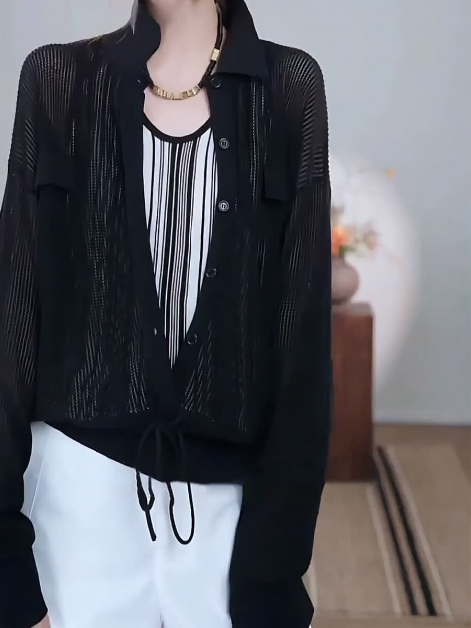 새로운 느긋한 바람 패치워크 페이크 레이어드 탑 옷깃 홀로우 아웃 자외선 차단 긴팔 인사이드 가져 가라. 스트라이프 조끼 풀오버 작은 셔츠 이미지 4