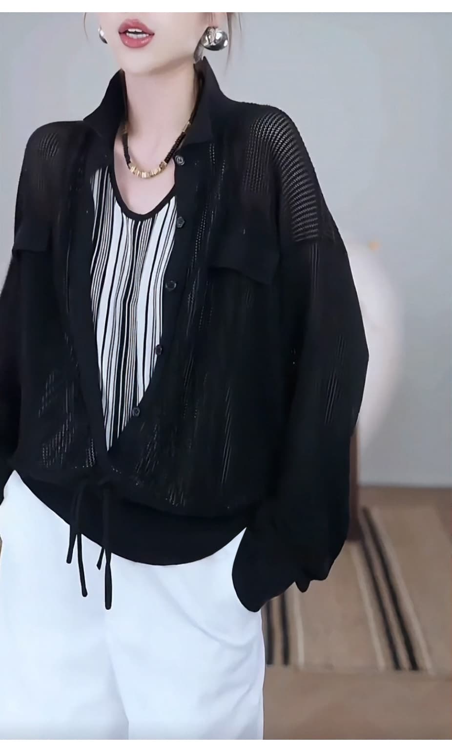 새로운 느긋한 바람 패치워크 페이크 레이어드 탑 옷깃 홀로우 아웃 자외선 차단 긴팔 인사이드 가져 가라. 스트라이프 조끼 풀오버 작은 셔츠 상세 이미지 5