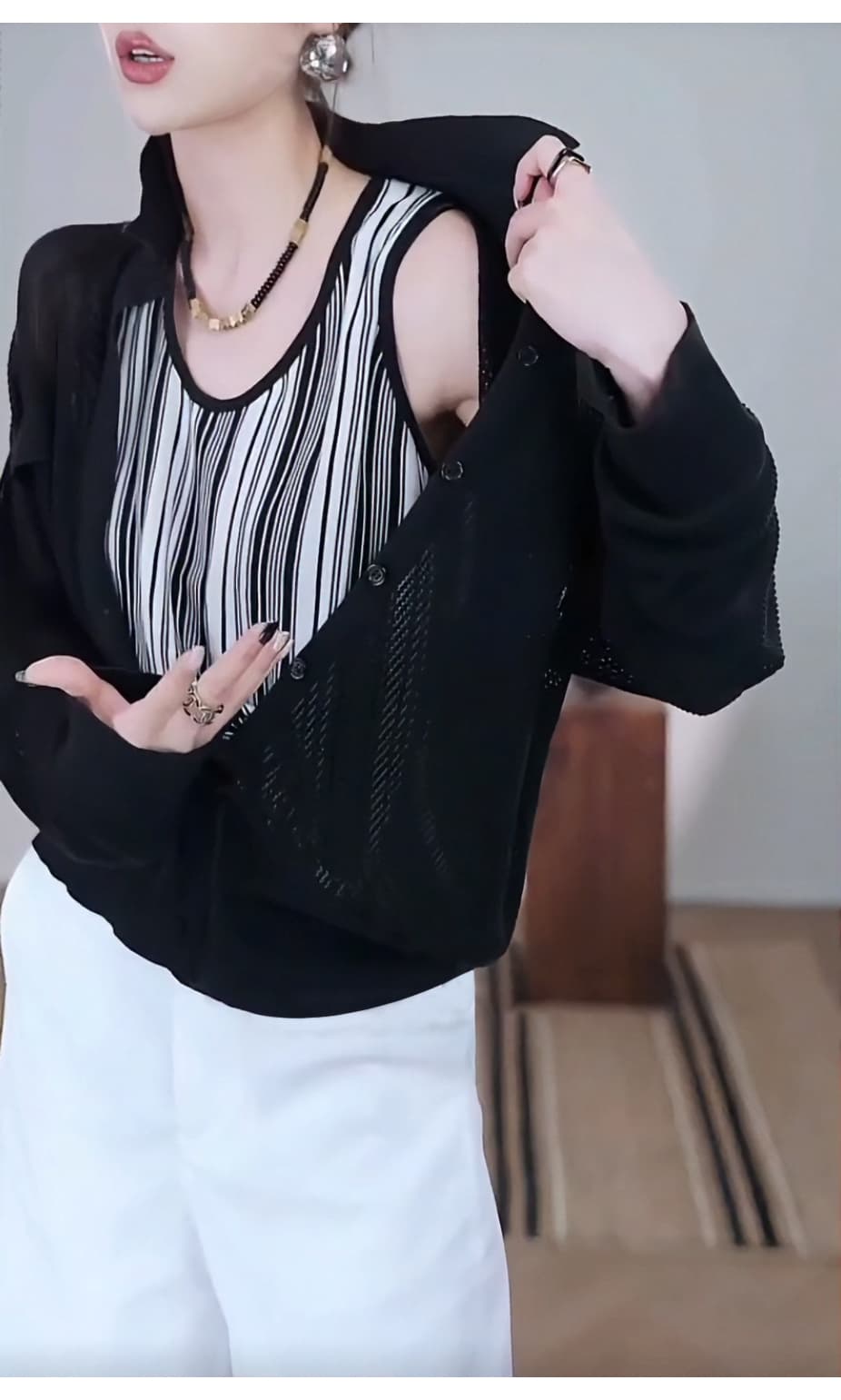 새로운 느긋한 바람 패치워크 페이크 레이어드 탑 옷깃 홀로우 아웃 자외선 차단 긴팔 인사이드 가져 가라. 스트라이프 조끼 풀오버 작은 셔츠 상세 이미지 6