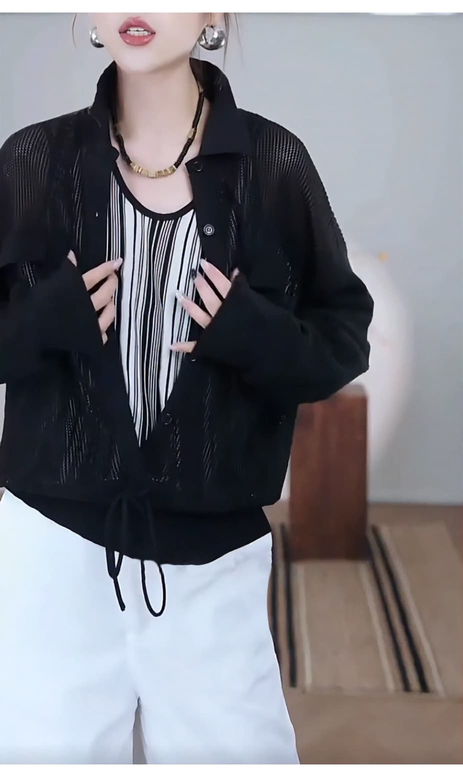 새로운 느긋한 바람 패치워크 페이크 레이어드 탑 옷깃 홀로우 아웃 자외선 차단 긴팔 인사이드 가져 가라. 스트라이프 조끼 풀오버 작은 셔츠 상세 이미지 8