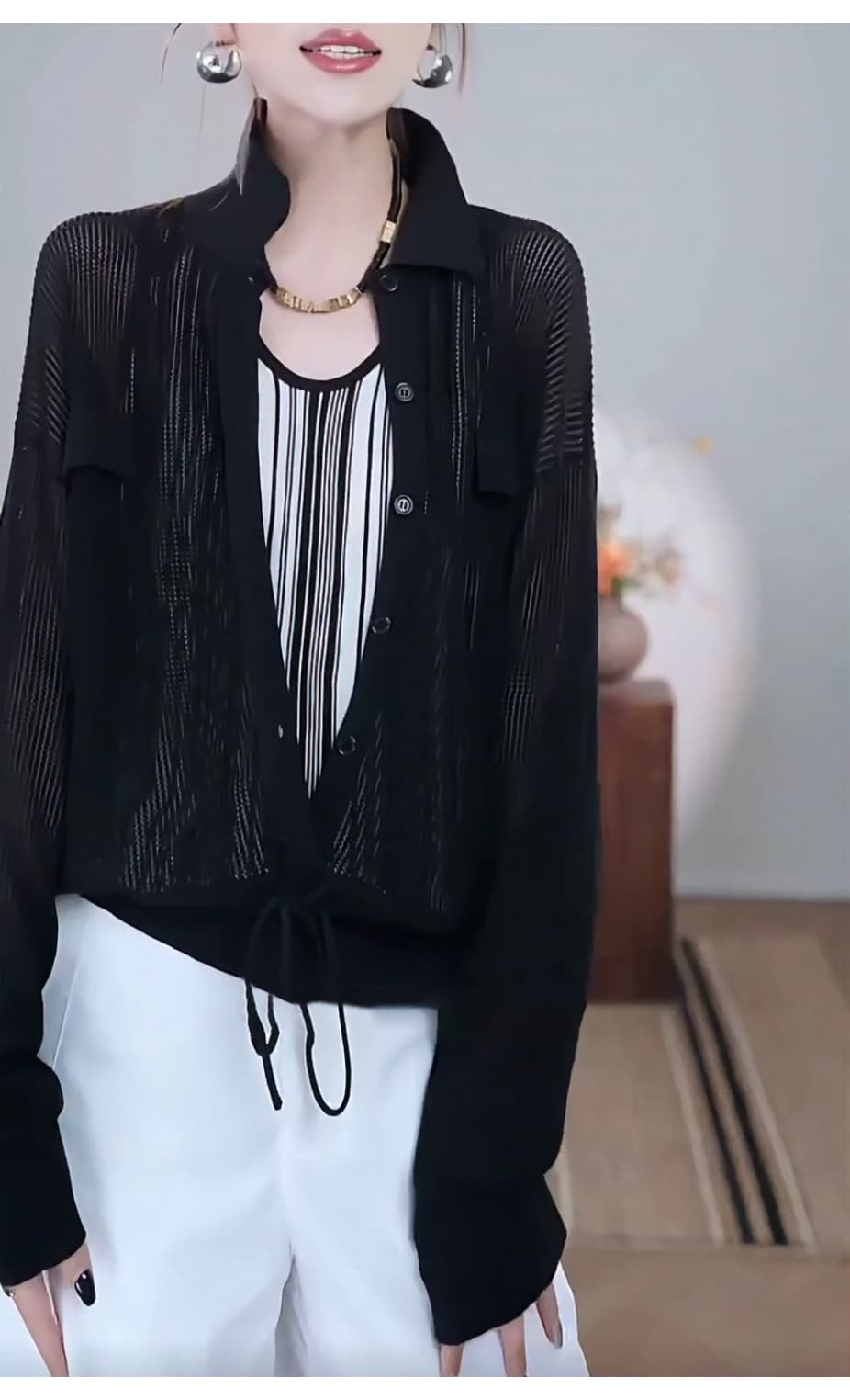 새로운 느긋한 바람 패치워크 페이크 레이어드 탑 옷깃 홀로우 아웃 자외선 차단 긴팔 인사이드 가져 가라. 스트라이프 조끼 풀오버 작은 셔츠 상세 이미지 9