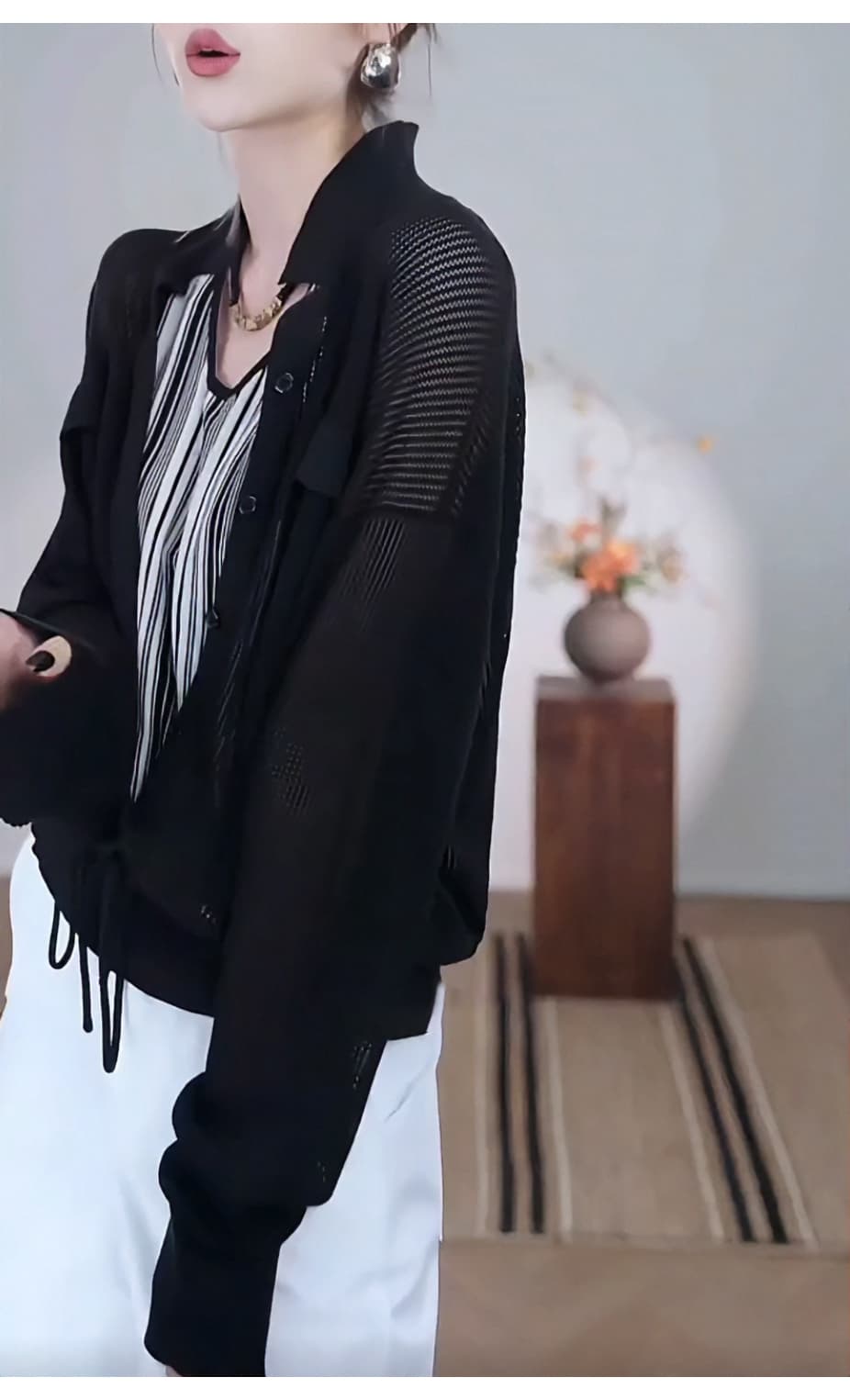 새로운 느긋한 바람 패치워크 페이크 레이어드 탑 옷깃 홀로우 아웃 자외선 차단 긴팔 인사이드 가져 가라. 스트라이프 조끼 풀오버 작은 셔츠 상세 이미지 10