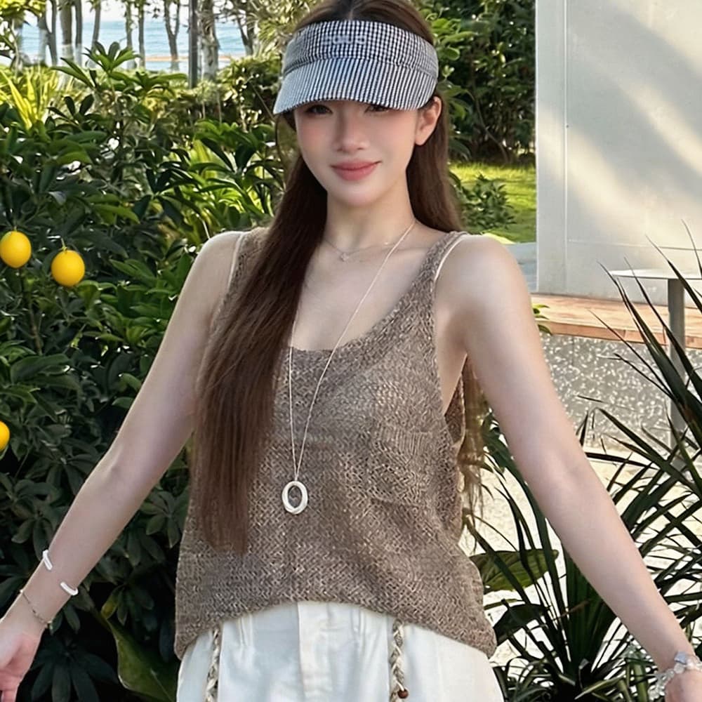 여름 홀로우 아웃 u 칼라 니트 조끼 여성 여름 벨트 주머니 루즈핏 슬림해 보이는 민소매 스택 착용 외부 가져 가라. 슬립 맨위 이미지 6
