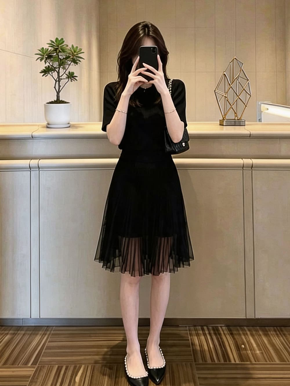 2026 한 부서 미니멀리즘 단색 니트 치마 여성 몸매 가꾸기 질감 반팔 시스루 망사 플리츠 반신 투피스 세트 이미지 4