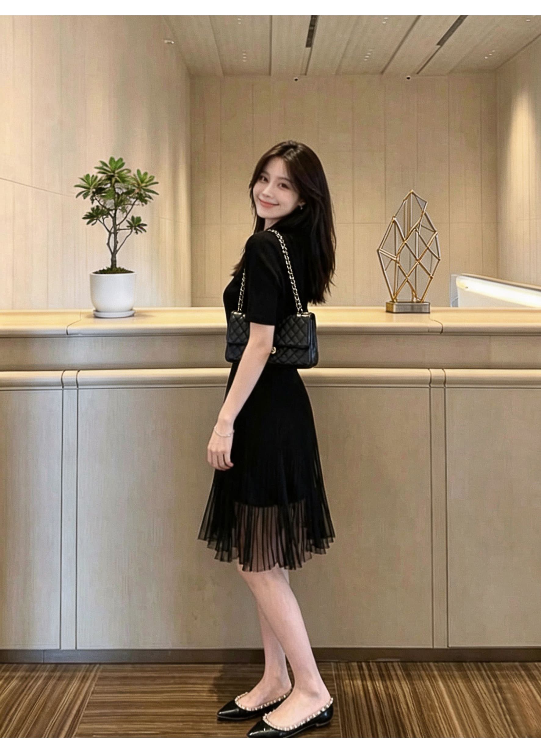 2026 한 부서 미니멀리즘 단색 니트 치마 여성 몸매 가꾸기 질감 반팔 시스루 망사 플리츠 반신 투피스 세트 상세 이미지 3