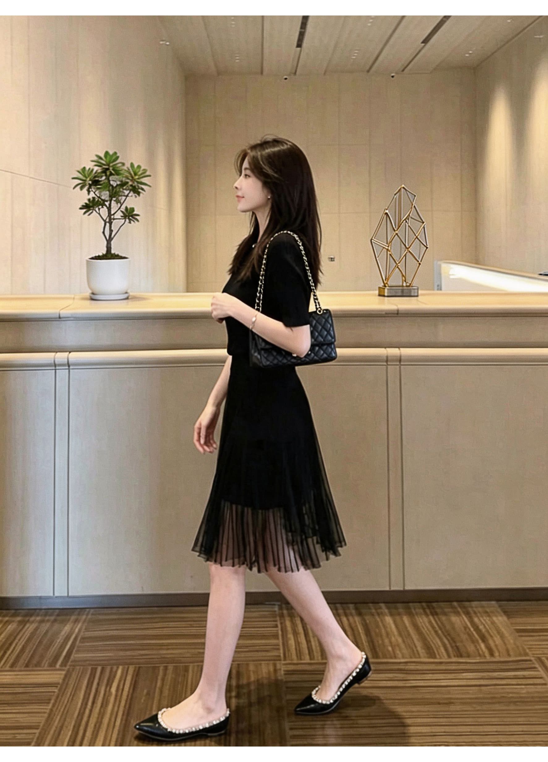 2026 한 부서 미니멀리즘 단색 니트 치마 여성 몸매 가꾸기 질감 반팔 시스루 망사 플리츠 반신 투피스 세트 상세 이미지 5
