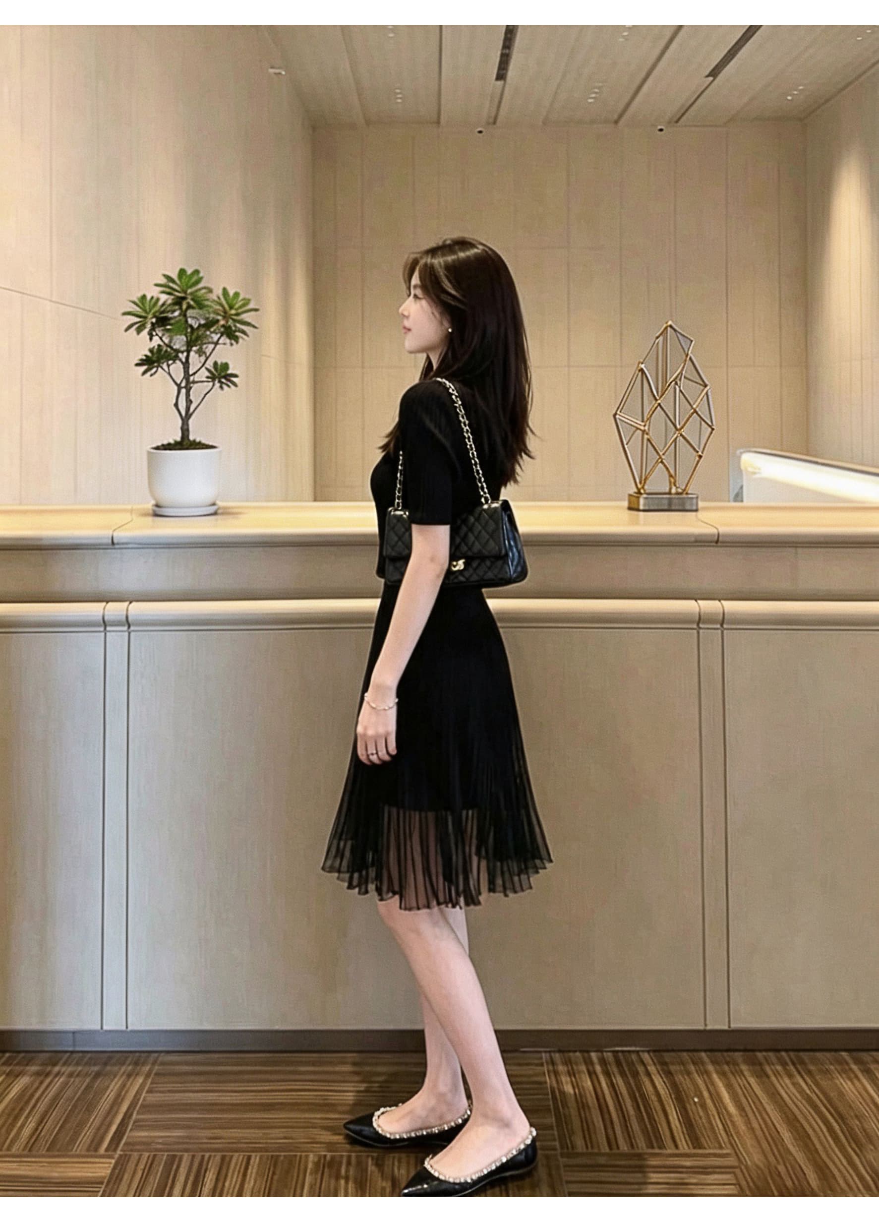 2026 한 부서 미니멀리즘 단색 니트 치마 여성 몸매 가꾸기 질감 반팔 시스루 망사 플리츠 반신 투피스 세트 상세 이미지 7