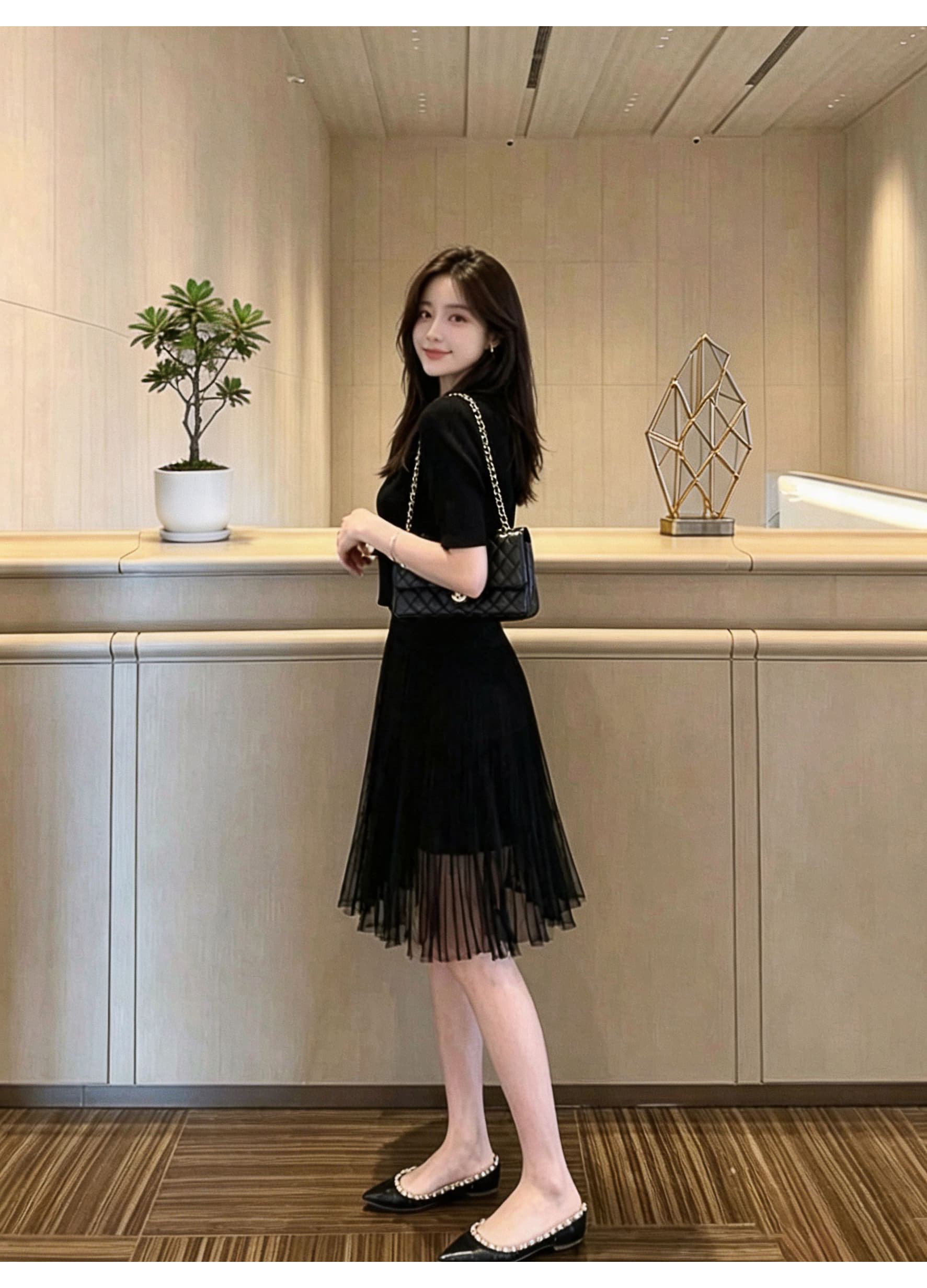 2026 한 부서 미니멀리즘 단색 니트 치마 여성 몸매 가꾸기 질감 반팔 시스루 망사 플리츠 반신 투피스 세트 상세 이미지 8