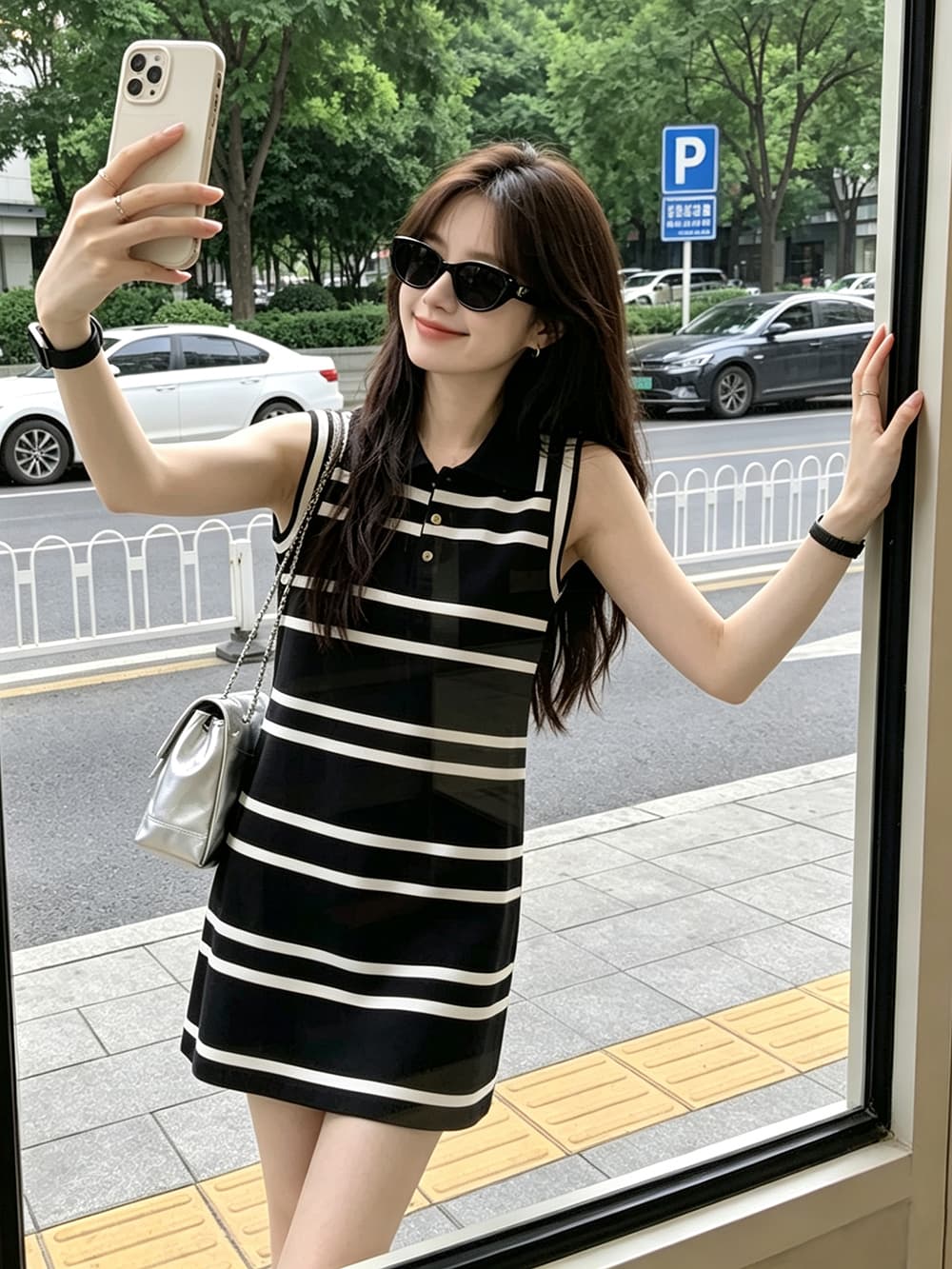 레트로 배색 스트라이프 조끼 스커트 폴로 칼라 싱글 줄 버튼 루즈핏 표지 고기 슬림해 보이는 민소매 스트레이트 쇼트 스타일 드레스 이미지 5