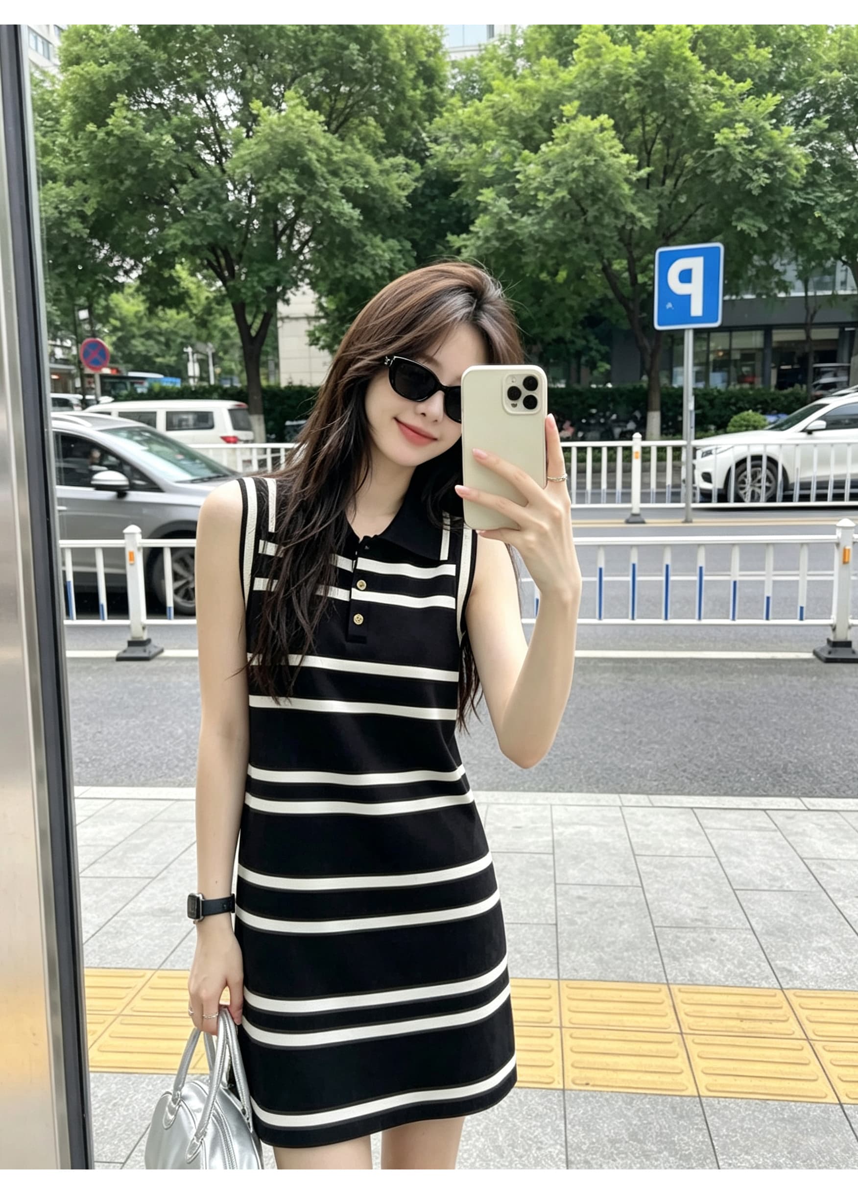 레트로 배색 스트라이프 조끼 스커트 폴로 칼라 싱글 줄 버튼 루즈핏 표지 고기 슬림해 보이는 민소매 스트레이트 쇼트 스타일 드레스 상세 이미지 6