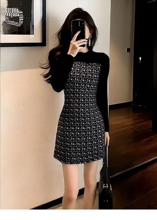 작은 샤넬 스타일 검정색 패치워크 타이트 스커트 여성 드레스 2026 가을 의상 새로운 작은 키 몸매 가꾸기 슬림해 보이는 만나는 미니 스커트 상세 이미지 3