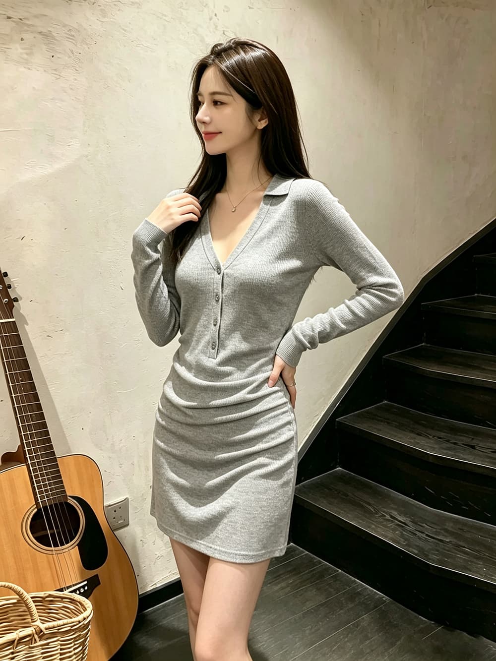 빛 럭셔리 바람 V넥 하프 단추 니트 미니 스커트 여성 긴 소매 폴로 칼라 디자인 센스 펌프 Pleat 허리 수축 작은 키 드레스 이미지 5