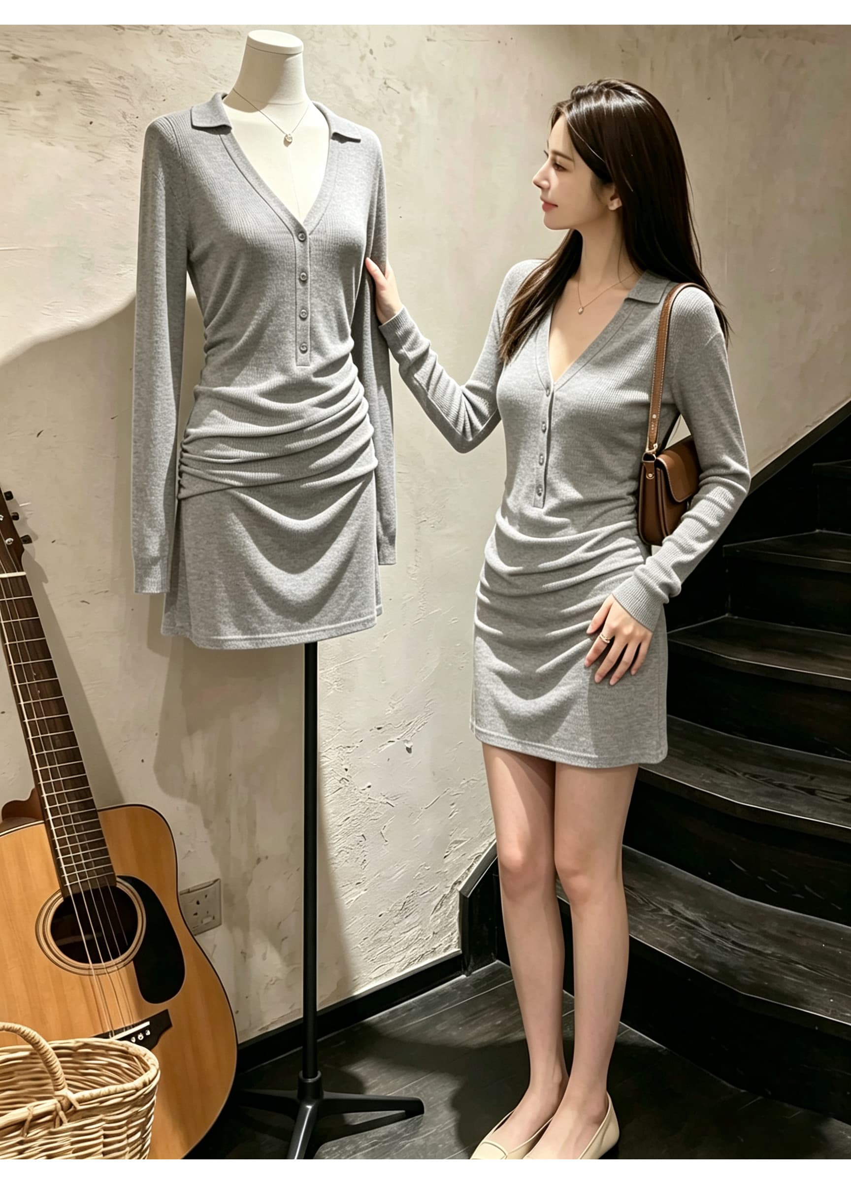 빛 럭셔리 바람 V넥 하프 단추 니트 미니 스커트 여성 긴 소매 폴로 칼라 디자인 센스 펌프 Pleat 허리 수축 작은 키 드레스 상세 이미지 6