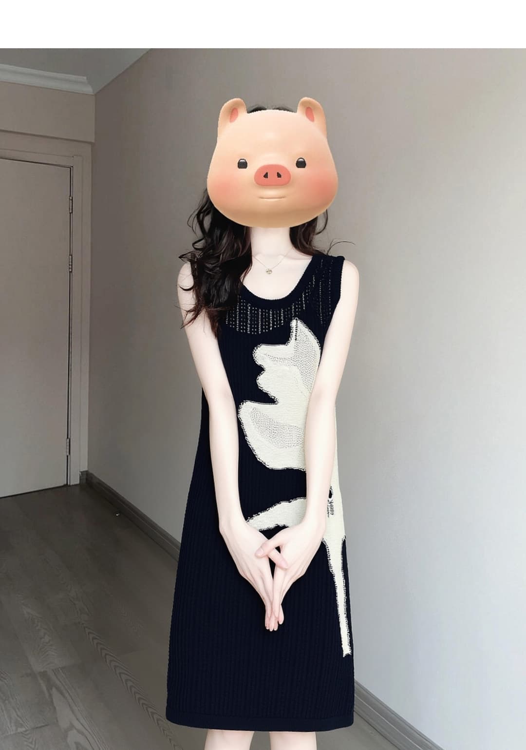 프랑스식 예술 센스 패치 니트 슬립 드레스 여름 작은 대중 디자인 센스 블루 루즈핏 표지 고기 민소매 스트레이트 롱 스커트 상세 이미지 6