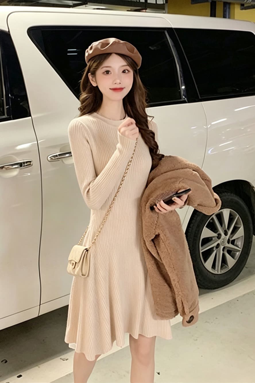 라운드 넥 긴팔 몸매 가꾸기 니트 여성 드레스 신축성 허리 수축 큰 진자 한 마디 미니 스커트 작은 키 슬림해 보이는 기본 스커트 이미지 6