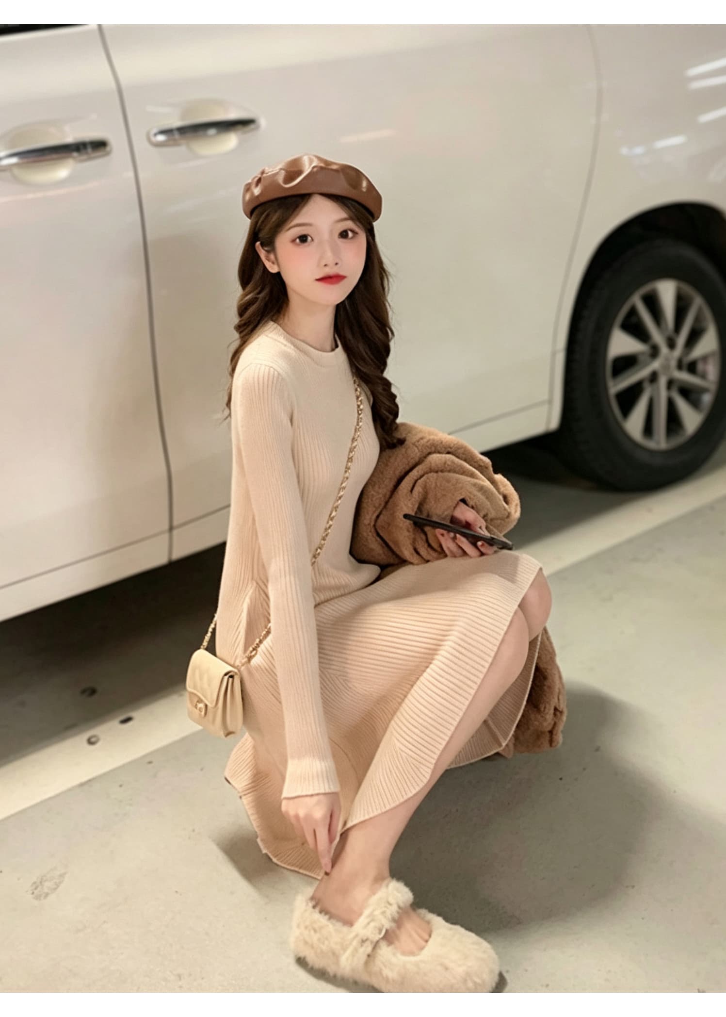 라운드 넥 긴팔 몸매 가꾸기 니트 여성 드레스 신축성 허리 수축 큰 진자 한 마디 미니 스커트 작은 키 슬림해 보이는 기본 스커트 상세 이미지 11