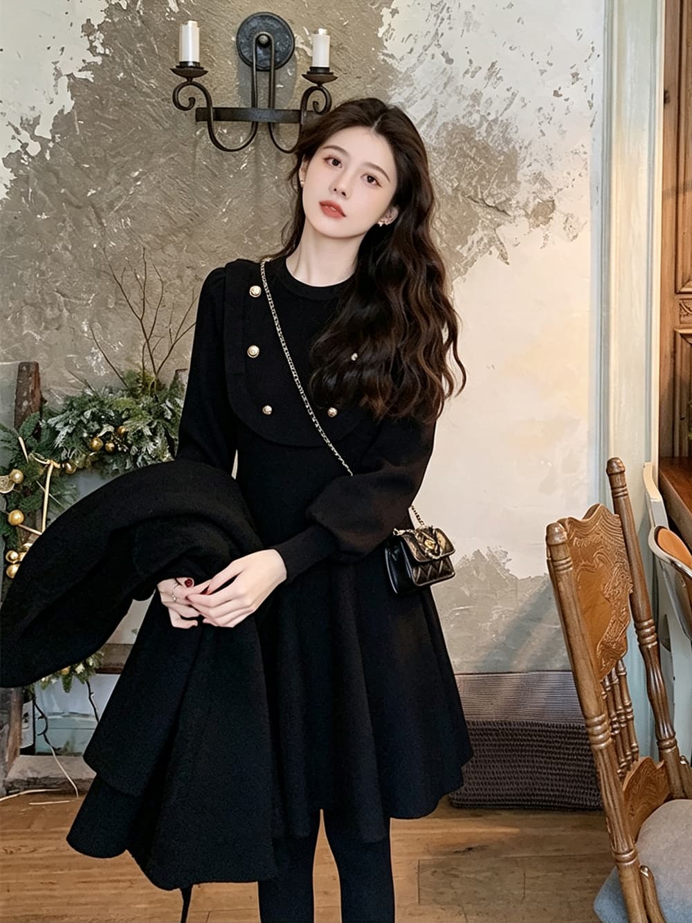 패션 라운드 넥 긴팔 니트 드레스 비스듬한 행 금속 버클 프릴 허리 수축 큰 진자 한 마디 작은 키 미니 스커트