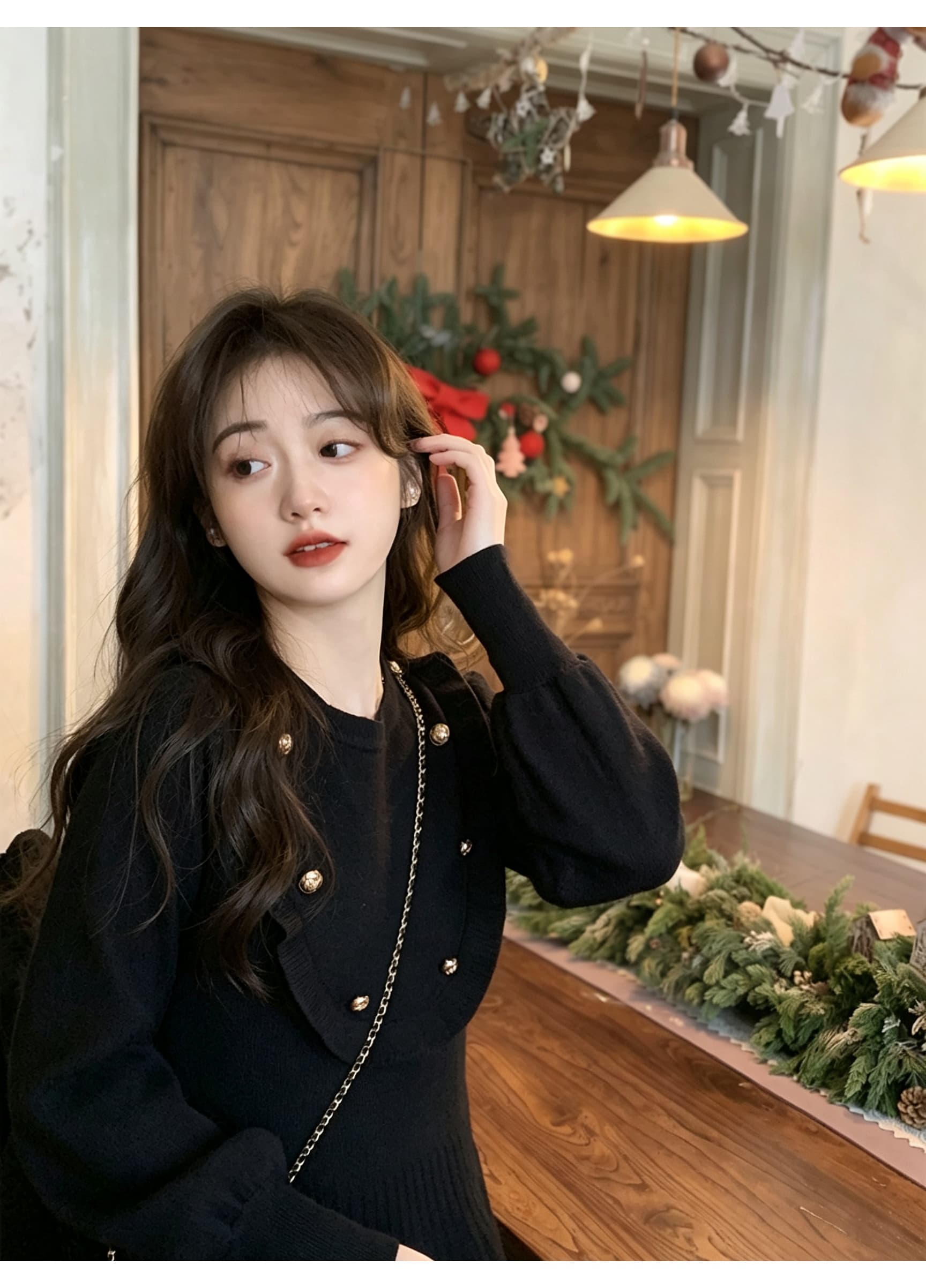패션 라운드 넥 긴팔 니트 드레스 비스듬한 행 금속 버클 프릴 허리 수축 큰 진자 한 마디 작은 키 미니 스커트 상세 이미지 3
