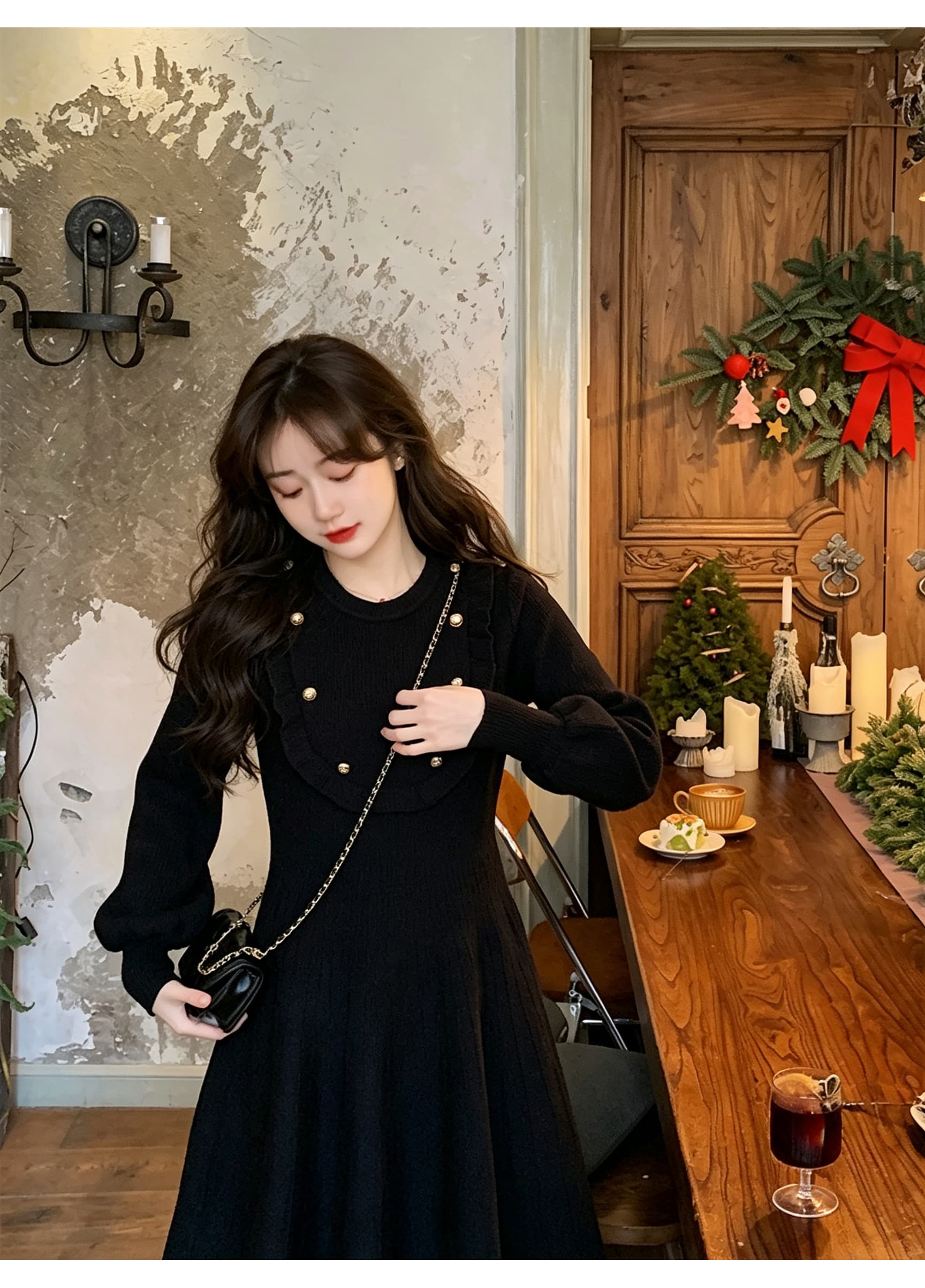 패션 라운드 넥 긴팔 니트 드레스 비스듬한 행 금속 버클 프릴 허리 수축 큰 진자 한 마디 작은 키 미니 스커트 상세 이미지 4