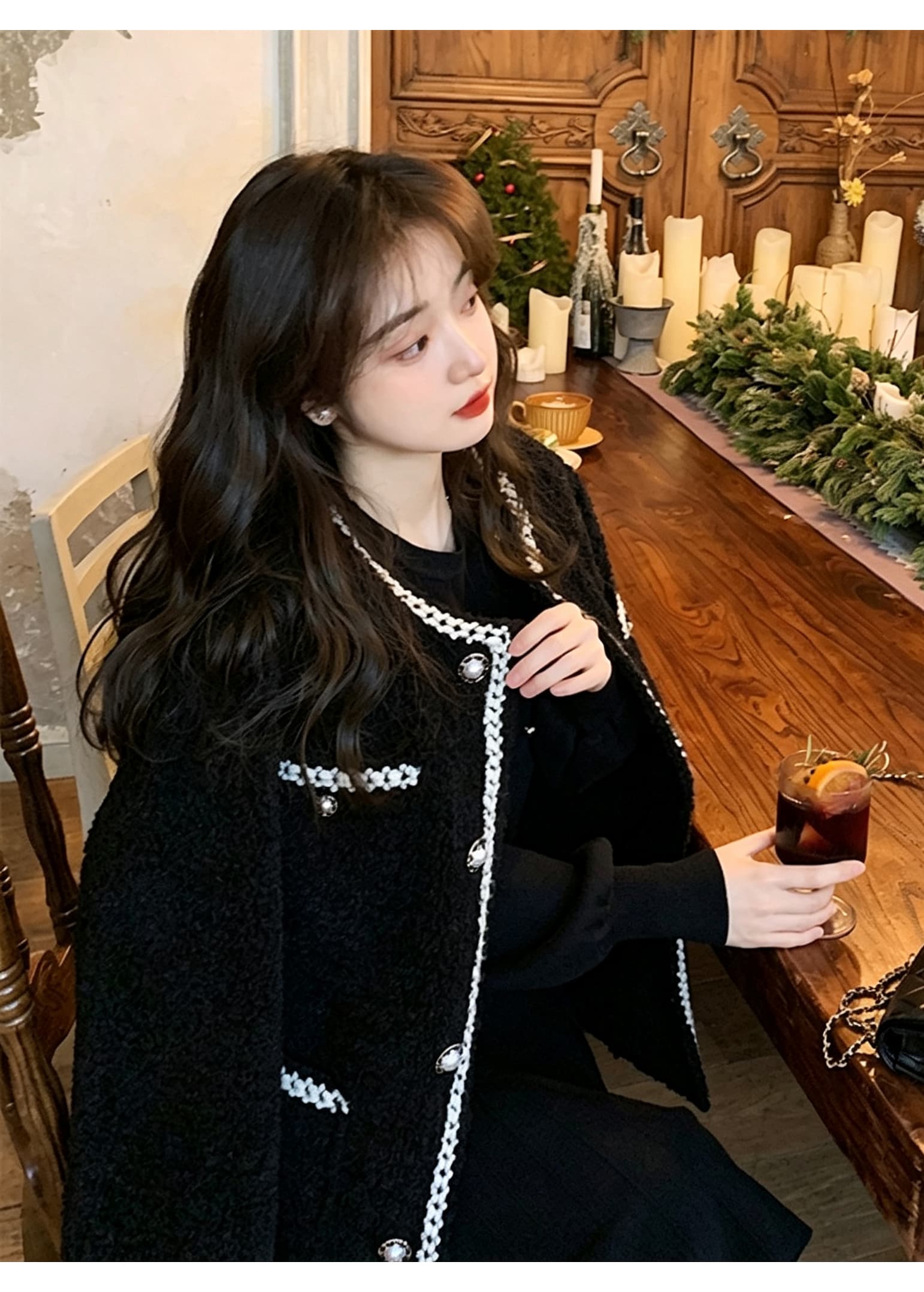 패션 라운드 넥 긴팔 니트 드레스 비스듬한 행 금속 버클 프릴 허리 수축 큰 진자 한 마디 작은 키 미니 스커트 상세 이미지 7