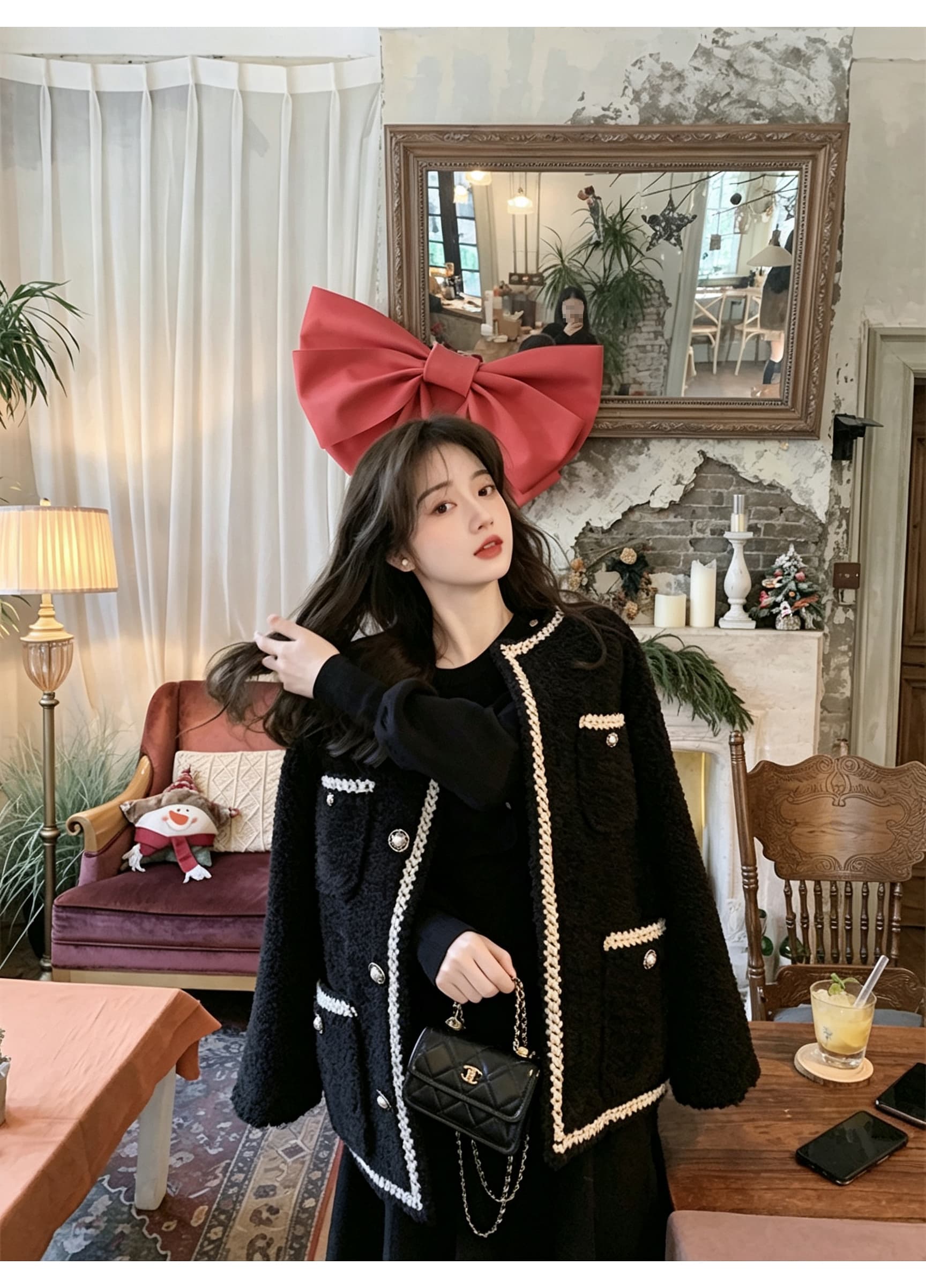 패션 라운드 넥 긴팔 니트 드레스 비스듬한 행 금속 버클 프릴 허리 수축 큰 진자 한 마디 작은 키 미니 스커트 상세 이미지 9