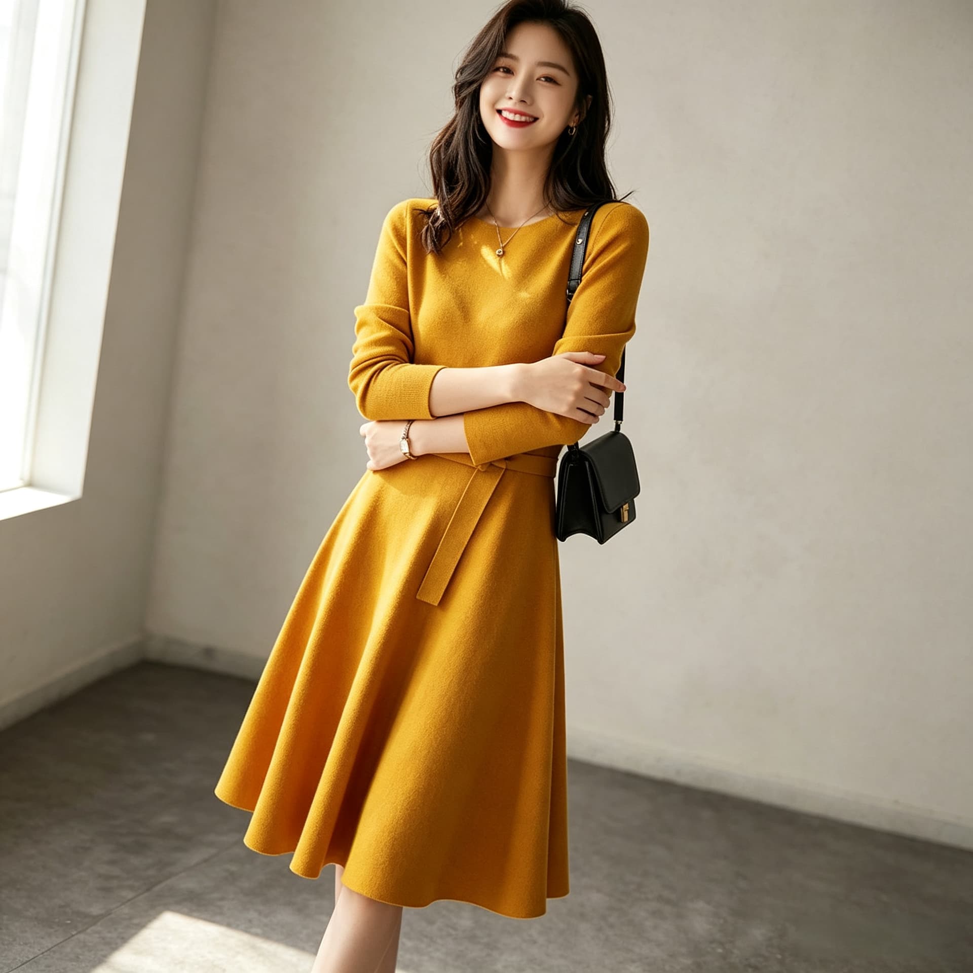 프랑스식 작은 샤넬 스타일 명문 여성 품격 레이스업 허리 수축 니트 원피스 가을 겨울 새로운 단색 만나는 한 마디 여성 드레스 이미지 4