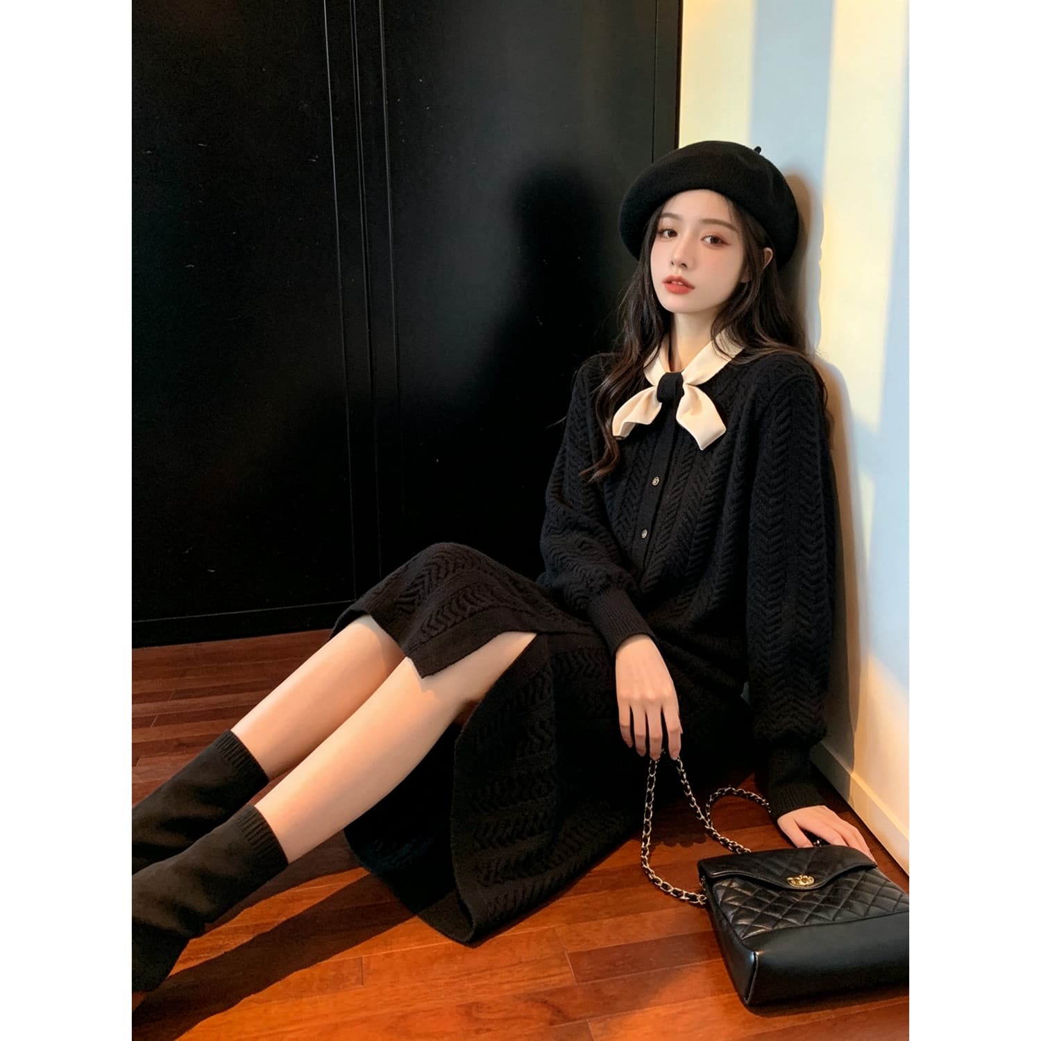 작은 샤넬 스타일 스카프 리더쉽 단추 질감 드레스 가을 새로운 인사이드 가져 가라. 작은 검은 드레스 품격 두꺼운 니트 원피스