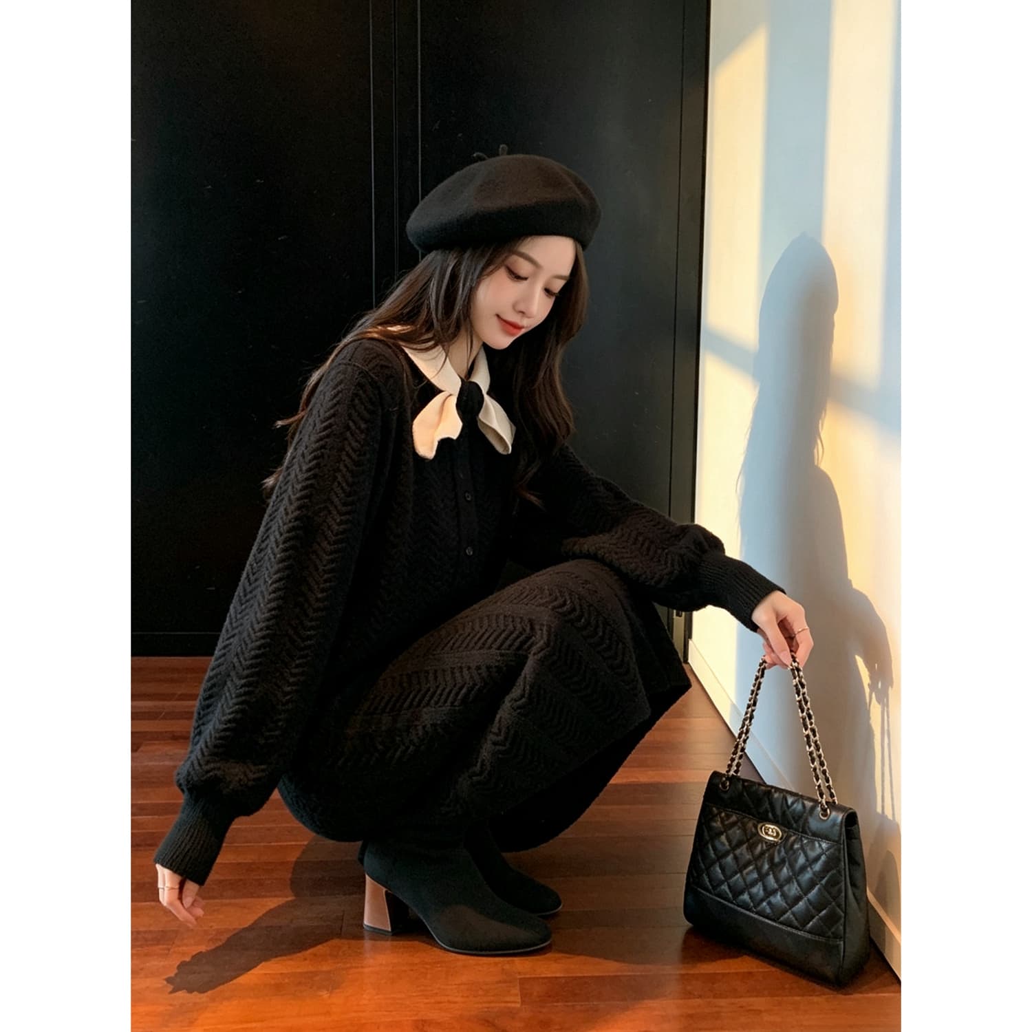 작은 샤넬 스타일 스카프 리더쉽 단추 질감 드레스 가을 새로운 인사이드 가져 가라. 작은 검은 드레스 품격 두꺼운 니트 원피스 이미지 4
