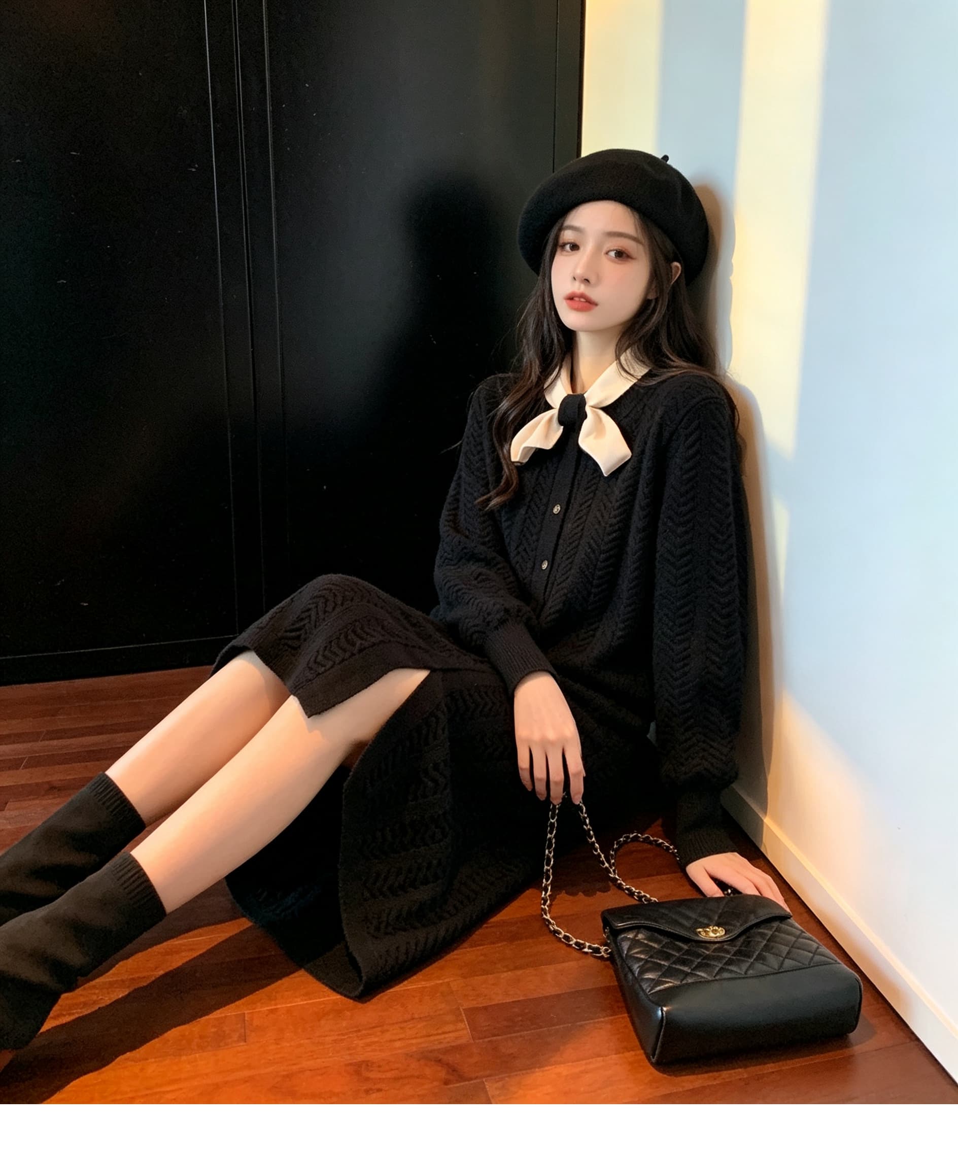 작은 샤넬 스타일 스카프 리더쉽 단추 질감 드레스 가을 새로운 인사이드 가져 가라. 작은 검은 드레스 품격 두꺼운 니트 원피스 상세 이미지 2