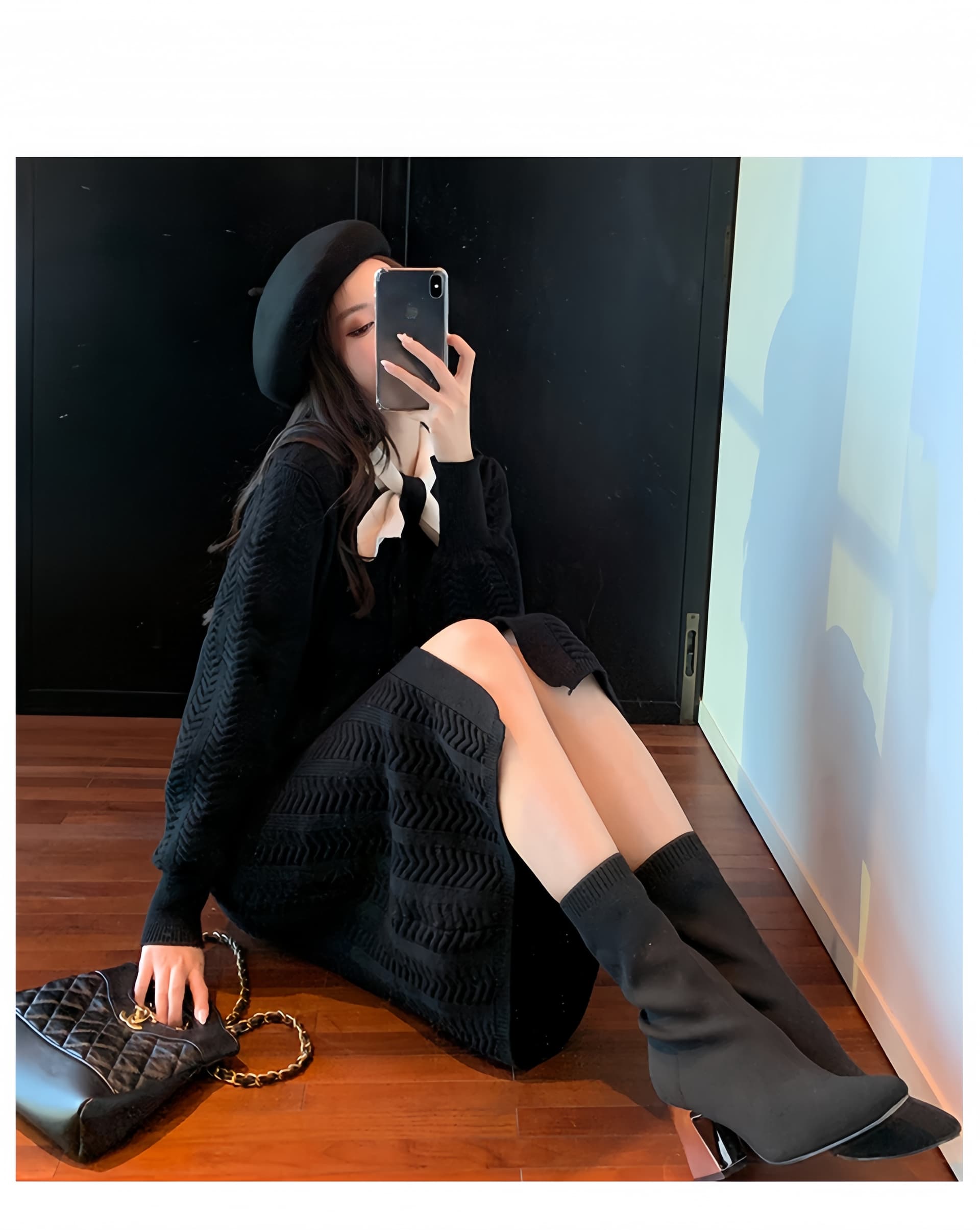 작은 샤넬 스타일 스카프 리더쉽 단추 질감 드레스 가을 새로운 인사이드 가져 가라. 작은 검은 드레스 품격 두꺼운 니트 원피스 상세 이미지 4