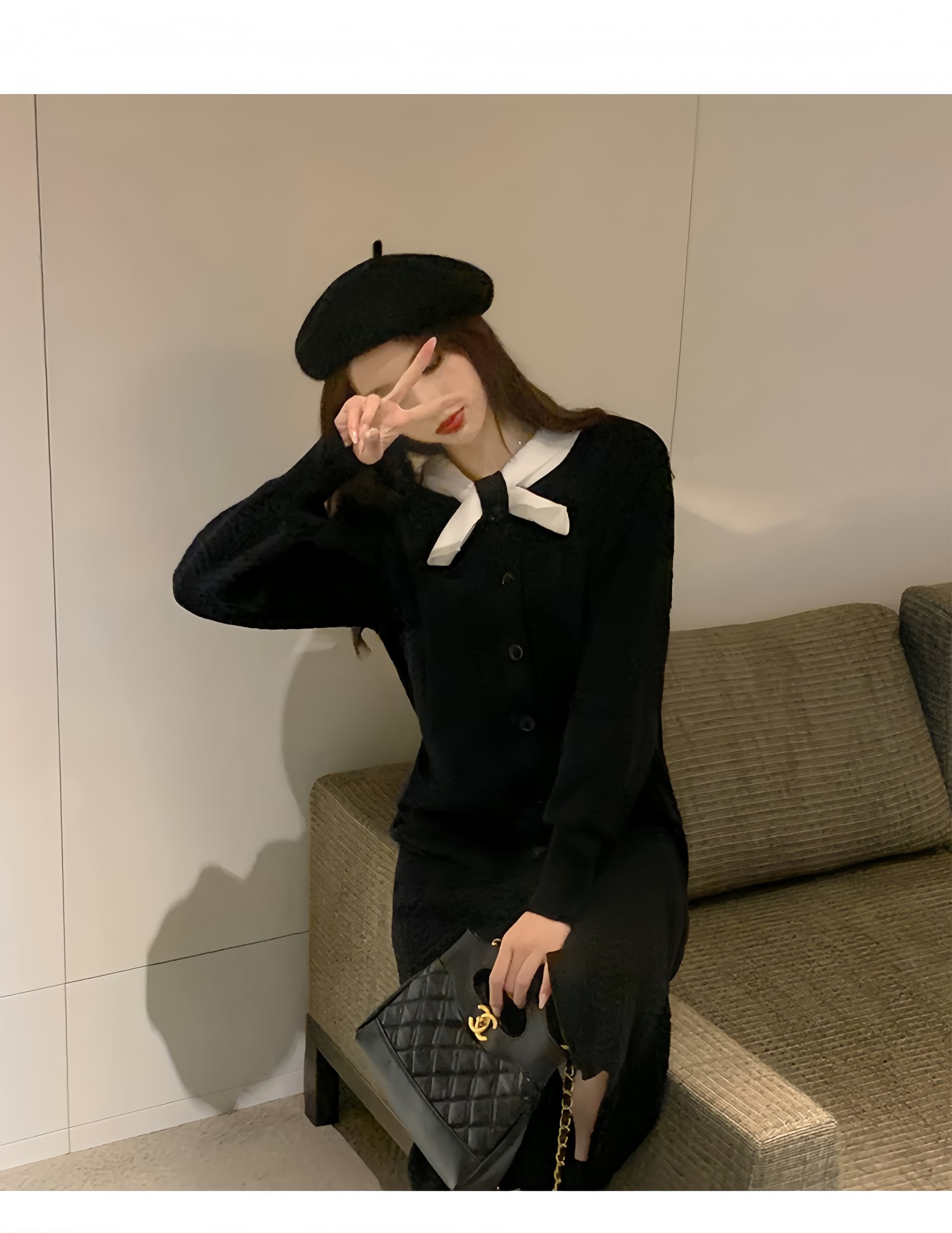 작은 샤넬 스타일 스카프 리더쉽 단추 질감 드레스 가을 새로운 인사이드 가져 가라. 작은 검은 드레스 품격 두꺼운 니트 원피스 상세 이미지 9