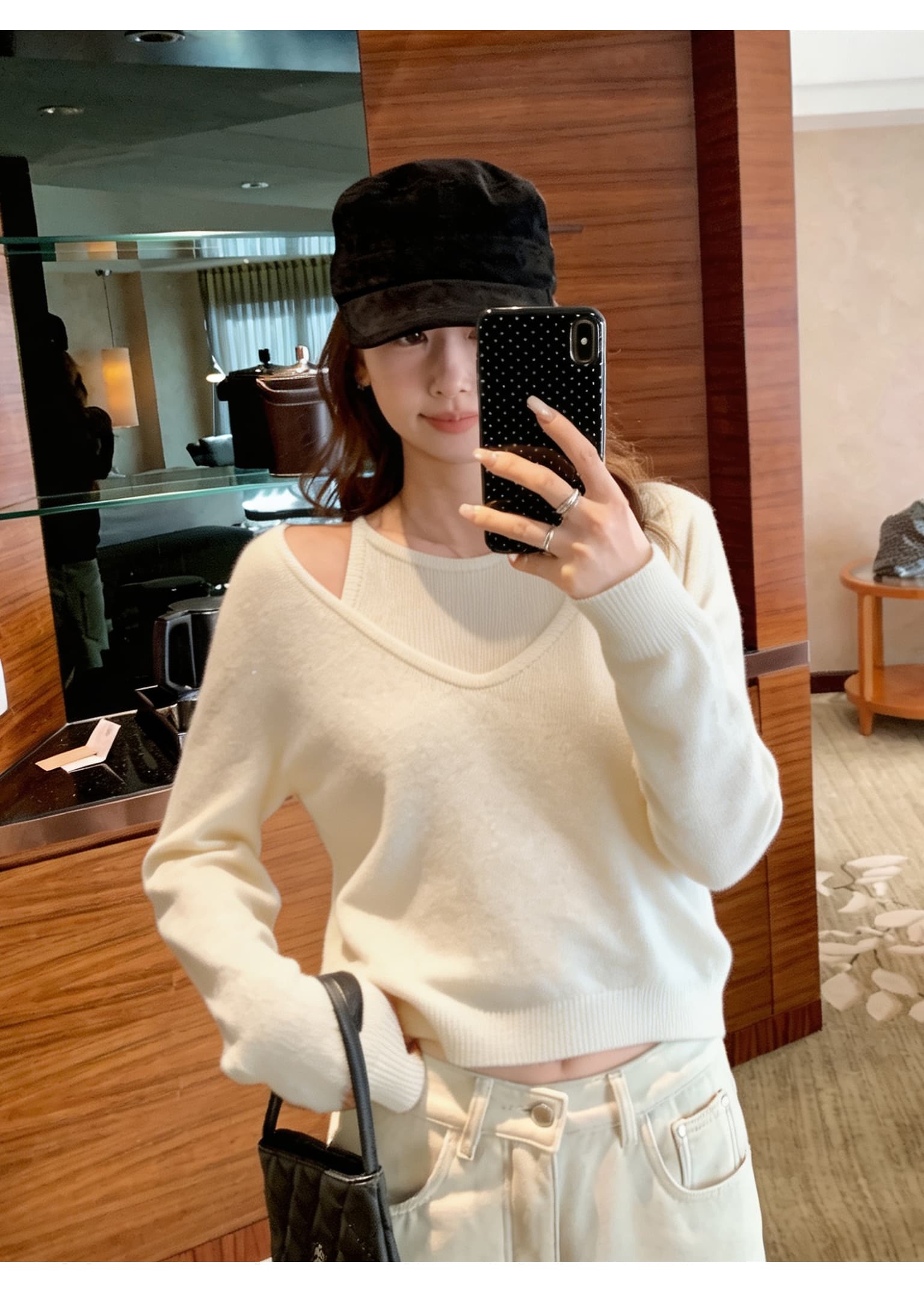 오프숄더 페이크 레이어드 긴팔 니트 맨위 여성 행침 목 슬립 패치워크 V넥 루즈핏 쇼트 스타일 풀오버 니트 작은 셔츠 상세 이미지 13