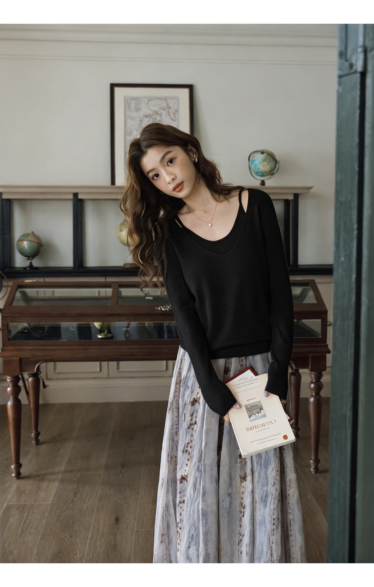 페이크 레이어드 V넥 긴팔 니트 맨위 여성 얇고 가벼운 마이크로 ~을 통해 자외선 차단 블라우스 루즈핏 쇼트 스타일 풀오버 니트 작은 셔츠 상세 이미지 18