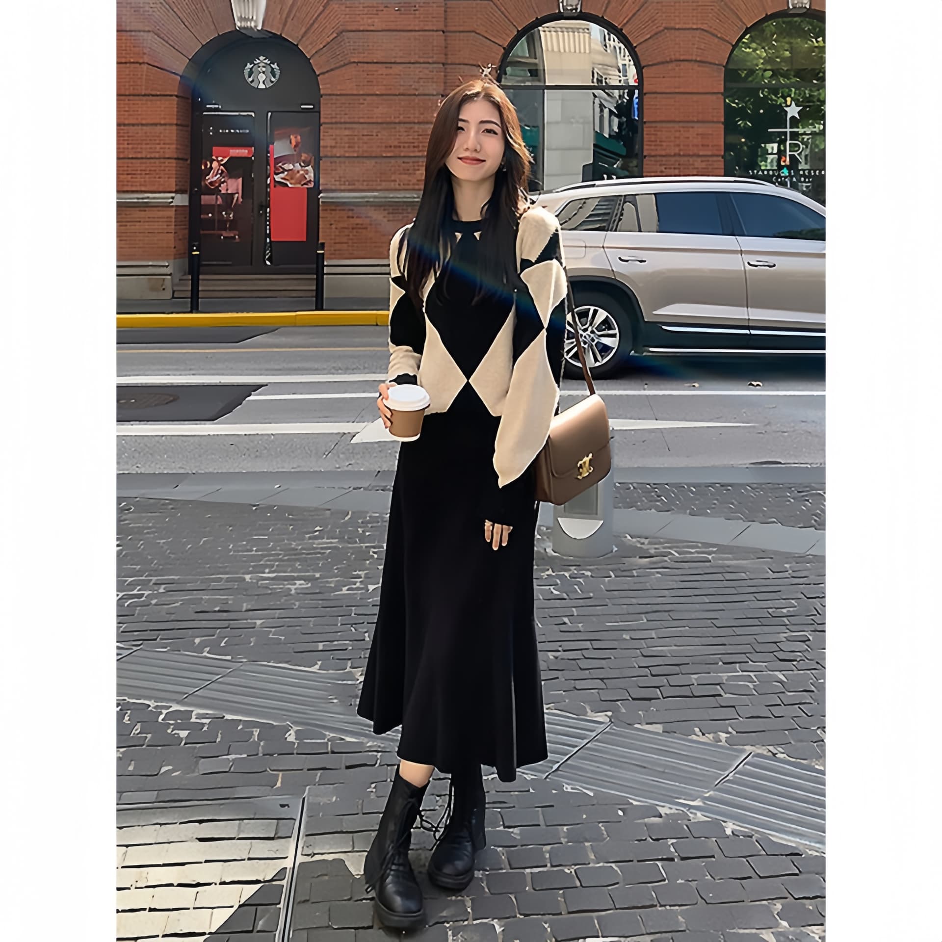 작은 샤넬 스타일 로얄 자매 숙녀 고급 센스 링 그리드 스웨터 세트 가을 새로운 인어 꼬리 반신 스커트 니트 투피스 세트 이미지 4