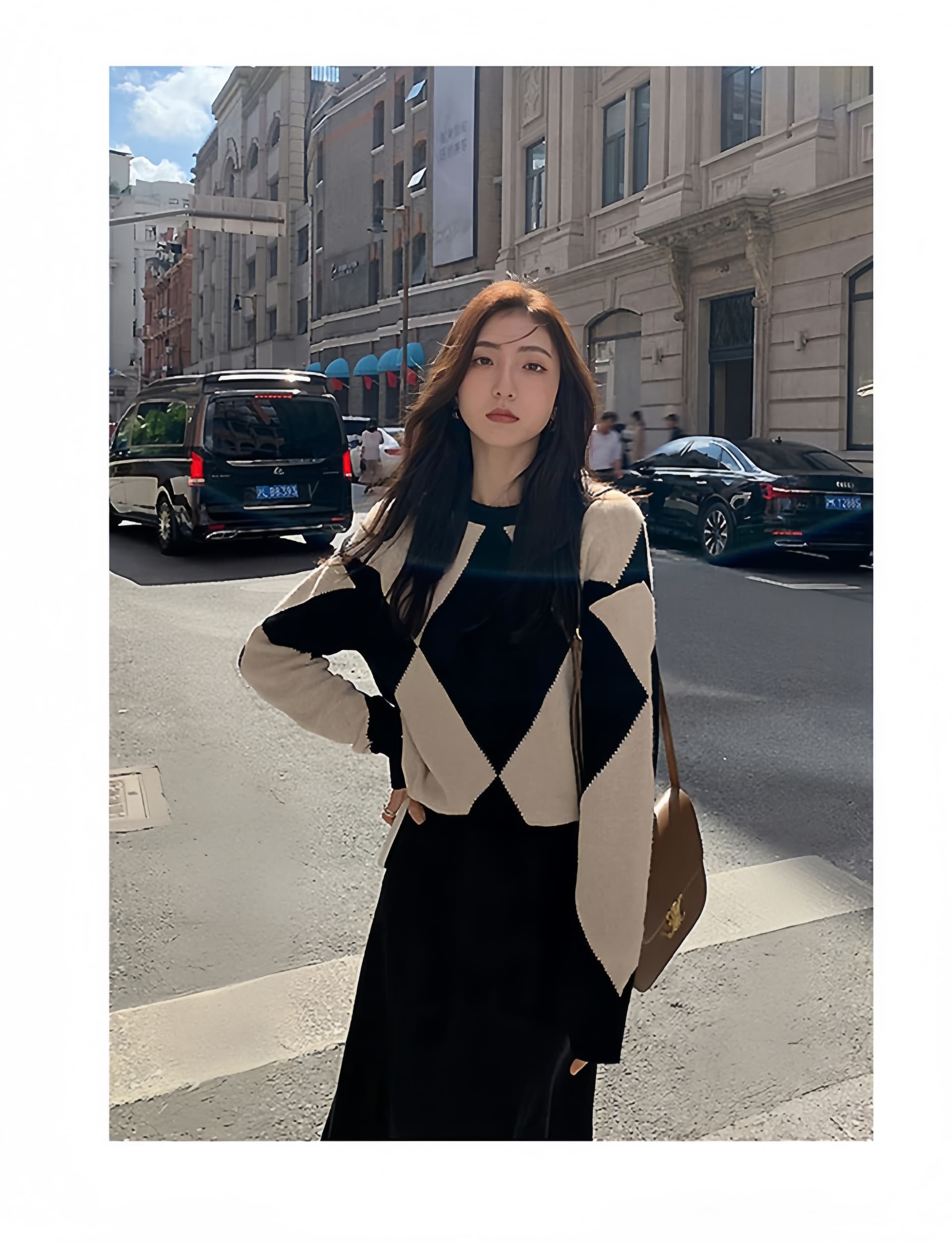 작은 샤넬 스타일 로얄 자매 숙녀 고급 센스 링 그리드 스웨터 세트 가을 새로운 인어 꼬리 반신 스커트 니트 투피스 세트 상세 이미지 9