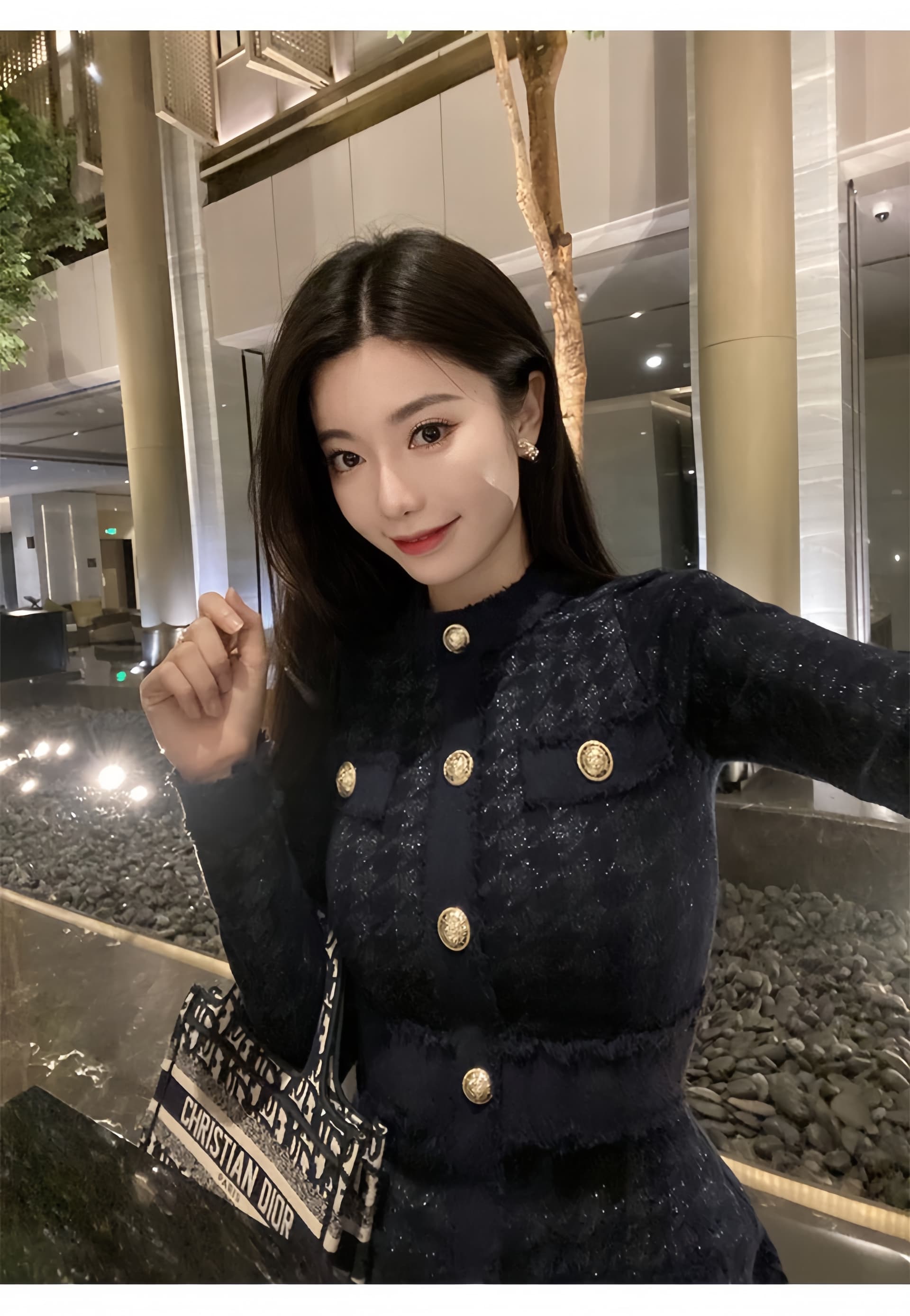 작은 샤넬 스타일 하운드투스 체크 니트 여성 드레스 가을 해군 라운드 넥 골드 버클 허리 수축 슬림해 보이는 긴팔 품격 미니 스커트 상세 이미지 10
