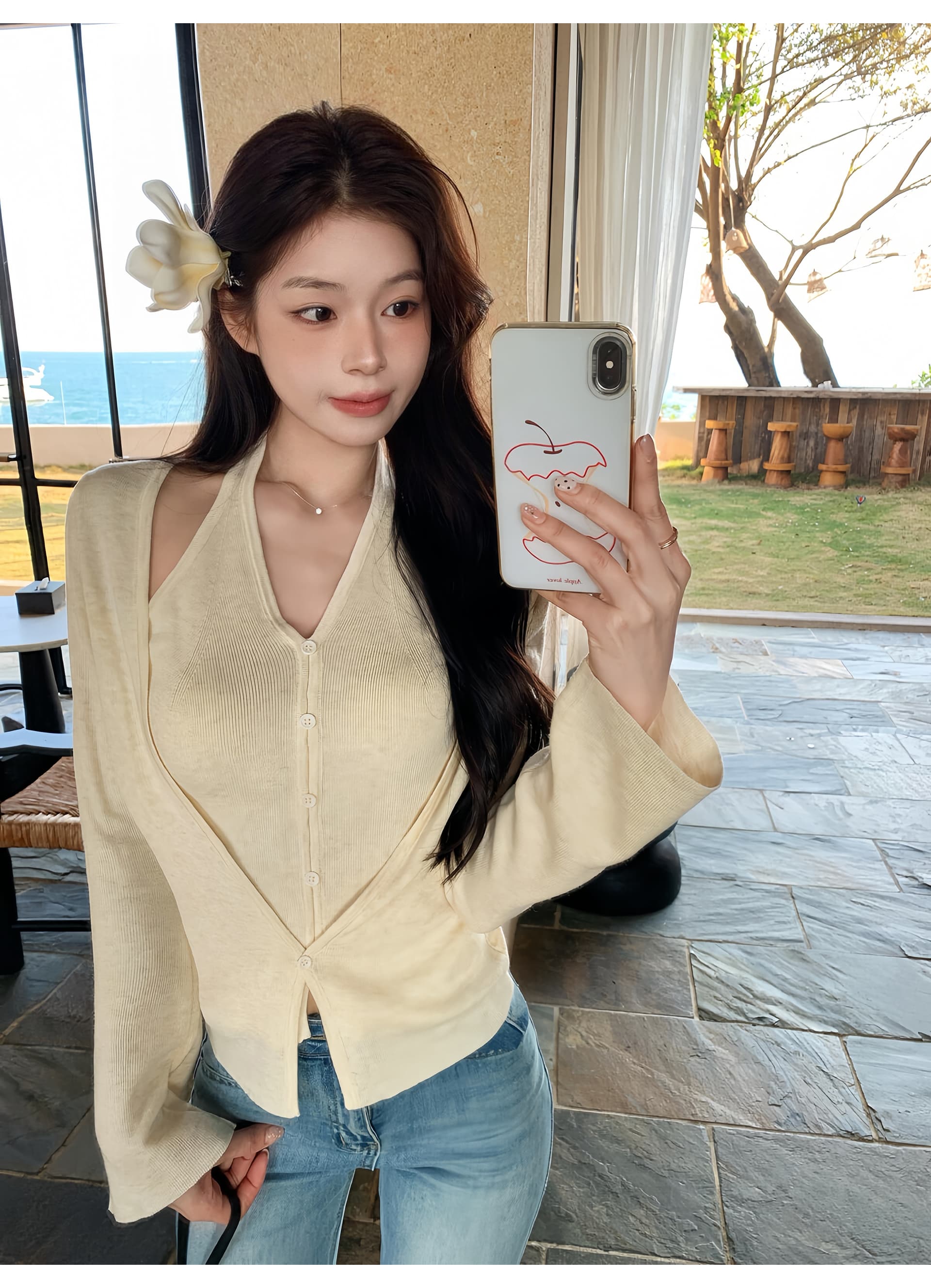 2026 가을 페이크 레이어드 행침 목 니트 맨위 여성 V넥 나팔 소매 몸매 가꾸기 쇼트 스타일 순수한 욕망 바람 긴팔 기본 셔츠 상세 이미지 3