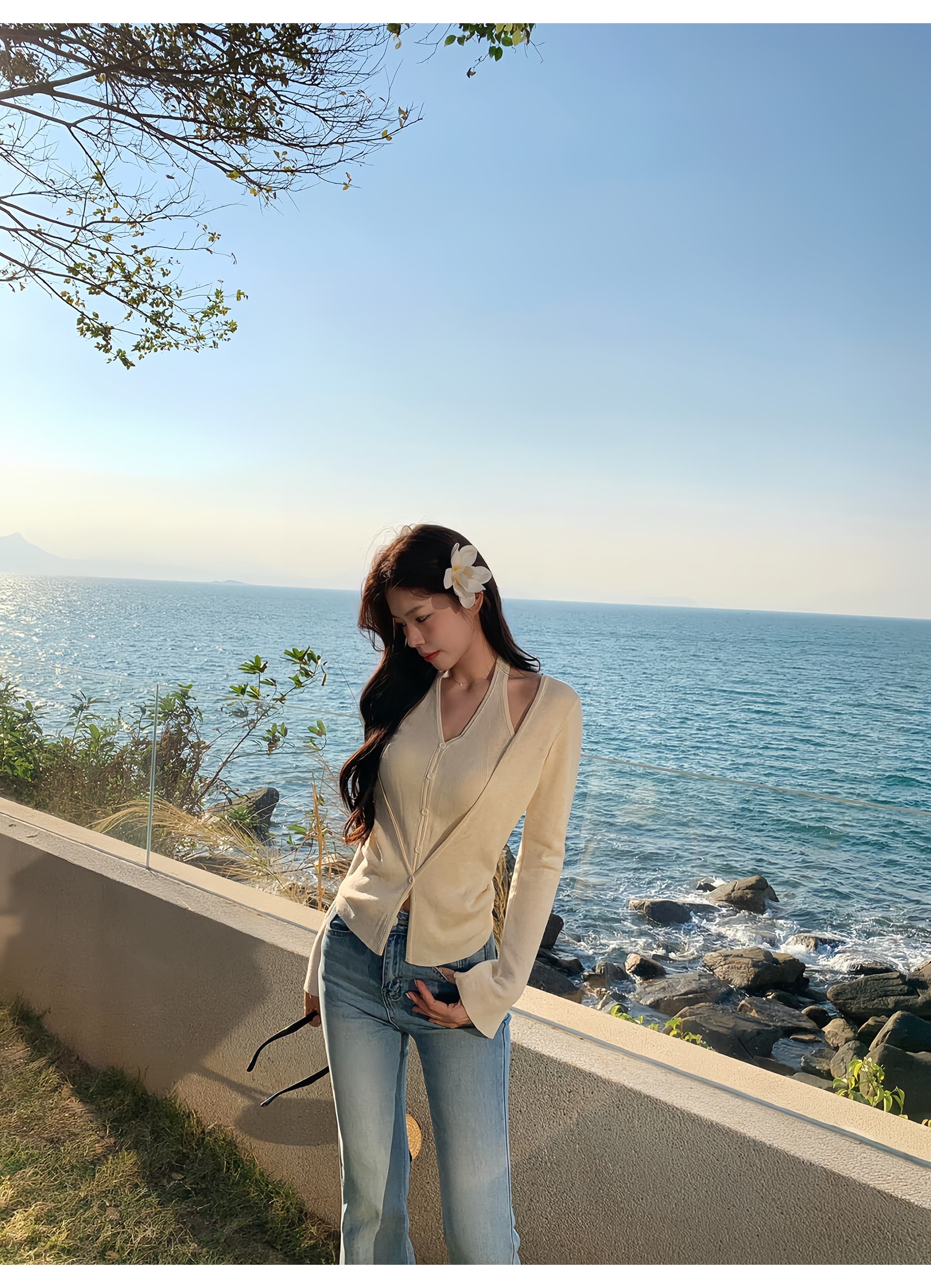2026 가을 페이크 레이어드 행침 목 니트 맨위 여성 V넥 나팔 소매 몸매 가꾸기 쇼트 스타일 순수한 욕망 바람 긴팔 기본 셔츠 상세 이미지 4
