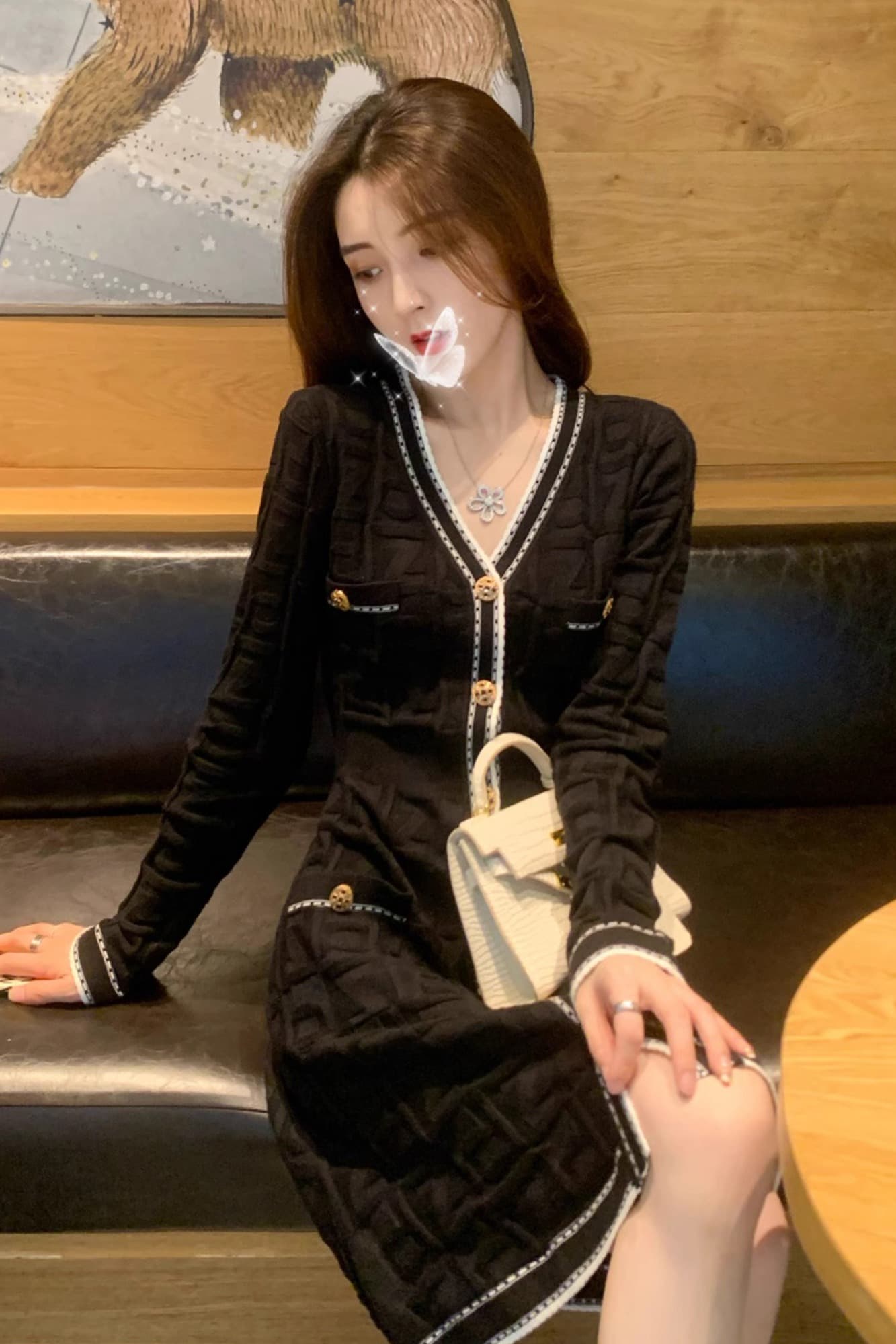 유럽 역 빛 럭셔리 고급 센스 싱글 줄 버튼 자카드 니트 원피스 가을 새로운 작은 샤넬 스타일 숙녀 슬림해 보이는 드레스 이미지 6
