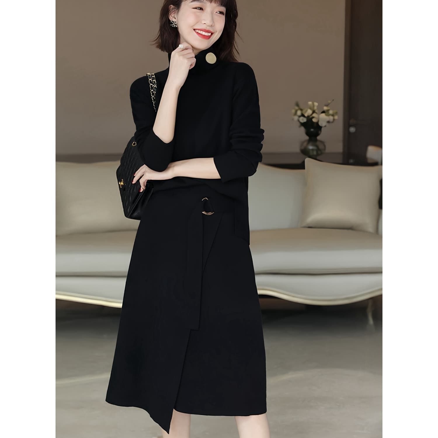 빛 요리 한 바람 레트로 캐주얼 반하이넥 니트 스웨터 세트 가을 새로운 디자인 작은 대중 반신 스커트 두 조각 여성 세트 이미지 4