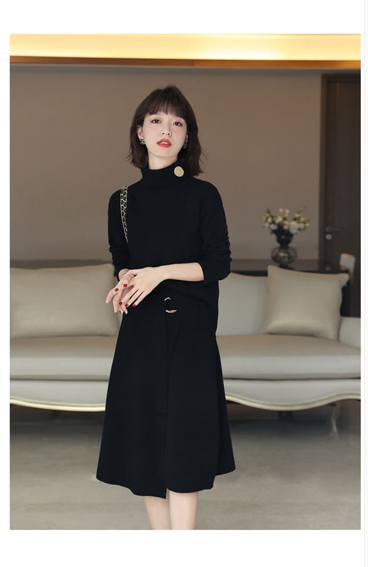 빛 요리 한 바람 레트로 캐주얼 반하이넥 니트 스웨터 세트 가을 새로운 디자인 작은 대중 반신 스커트 두 조각 여성 세트 상세 이미지 2