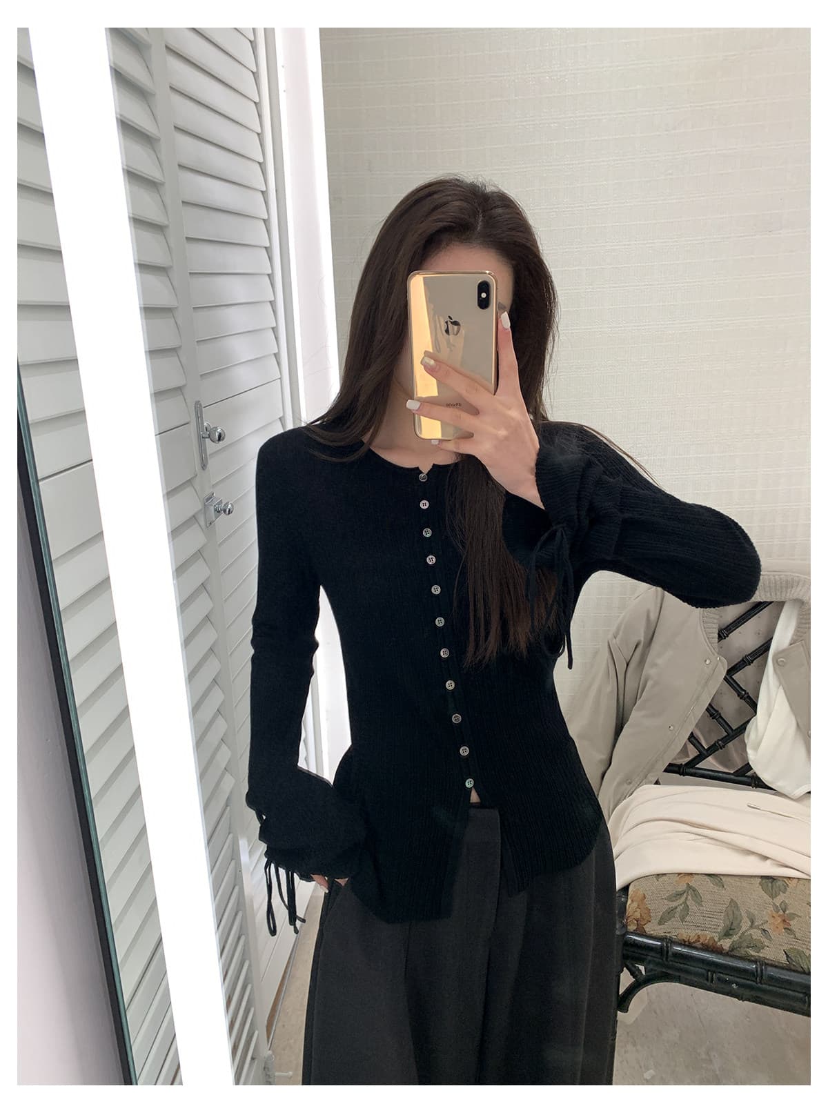 라운드 넥 니트 오픈 가디건 여성 가을 새로운 Chic 단추 디자인 센스 커프스 펌프 로프 몸매 가꾸기 슬림해 보이는 긴팔 맨위 상세 이미지 32