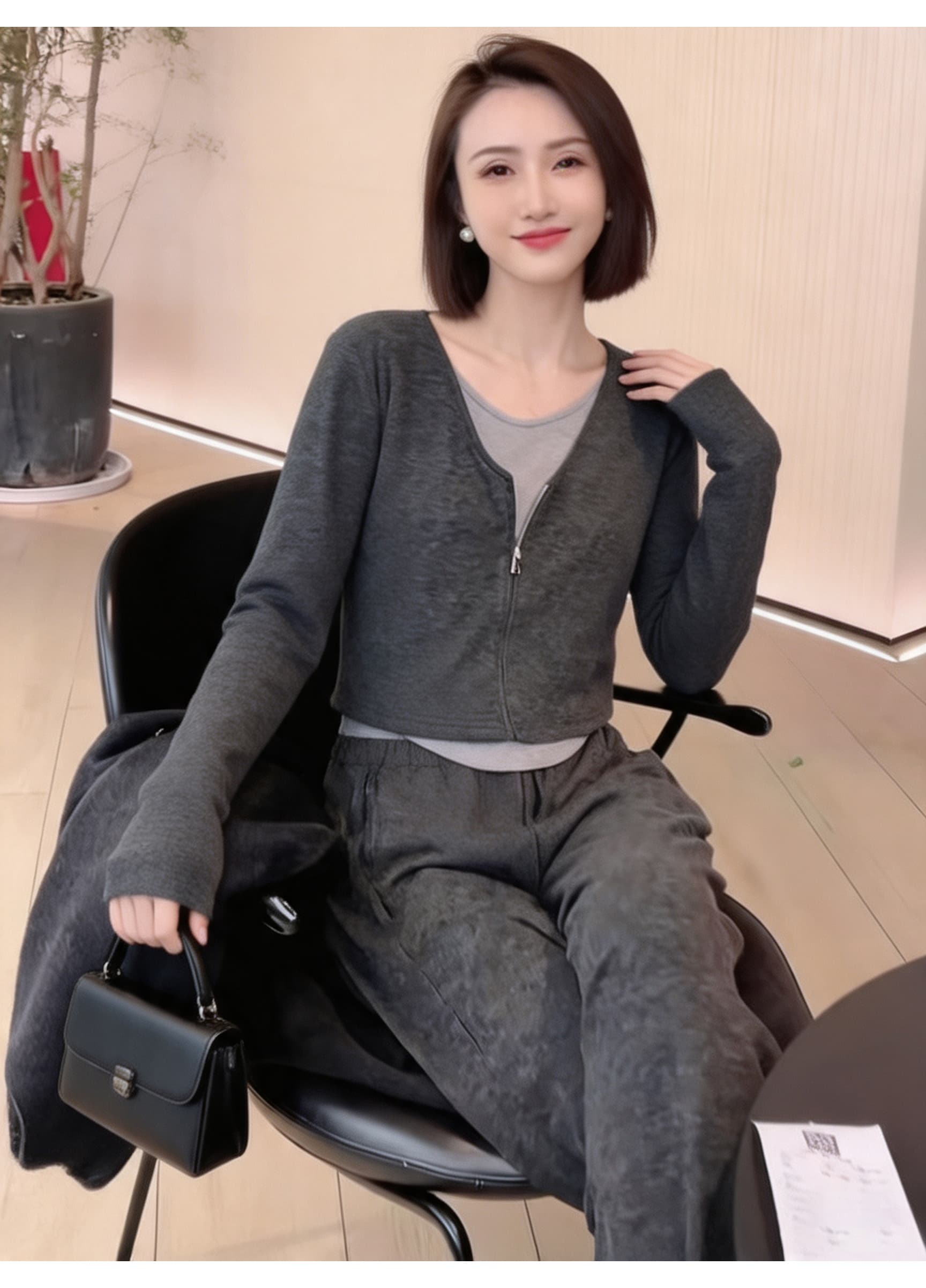 회색 고급 센스 이른 가을 패션 세트 여성 올해 인기 슬림해 보이는 패치워크 맨위 와이드 레그 팬츠 코디 전체 집합 상세 이미지 1