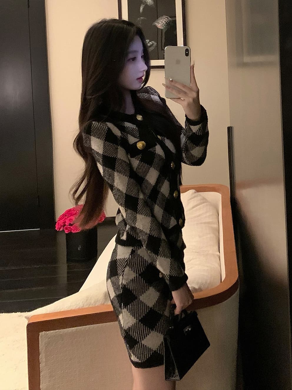 작은 샤넬 스타일 다이아몬드 모양 체크무늬 투피스 세트 라운드 넥 금속 단추 긴팔 재킷 하이웨이스트 타이트 스커트 반신 미니 스커트 세트 이미지 3