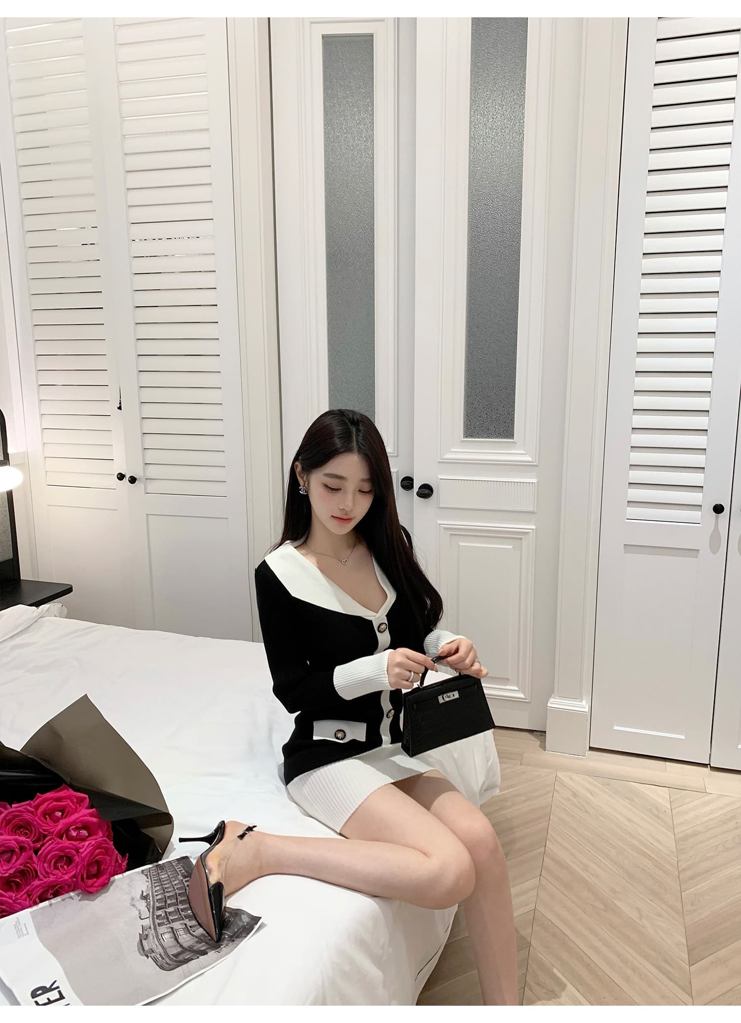 작은 샤넬 스타일 배색 폴로 칼라 니트 드레스 V넥 싱글 줄 버튼 긴팔 허리 수축 몸매 가꾸기 페이크 레이어드 타이트 스커트 미니 스커트 상세 이미지 5